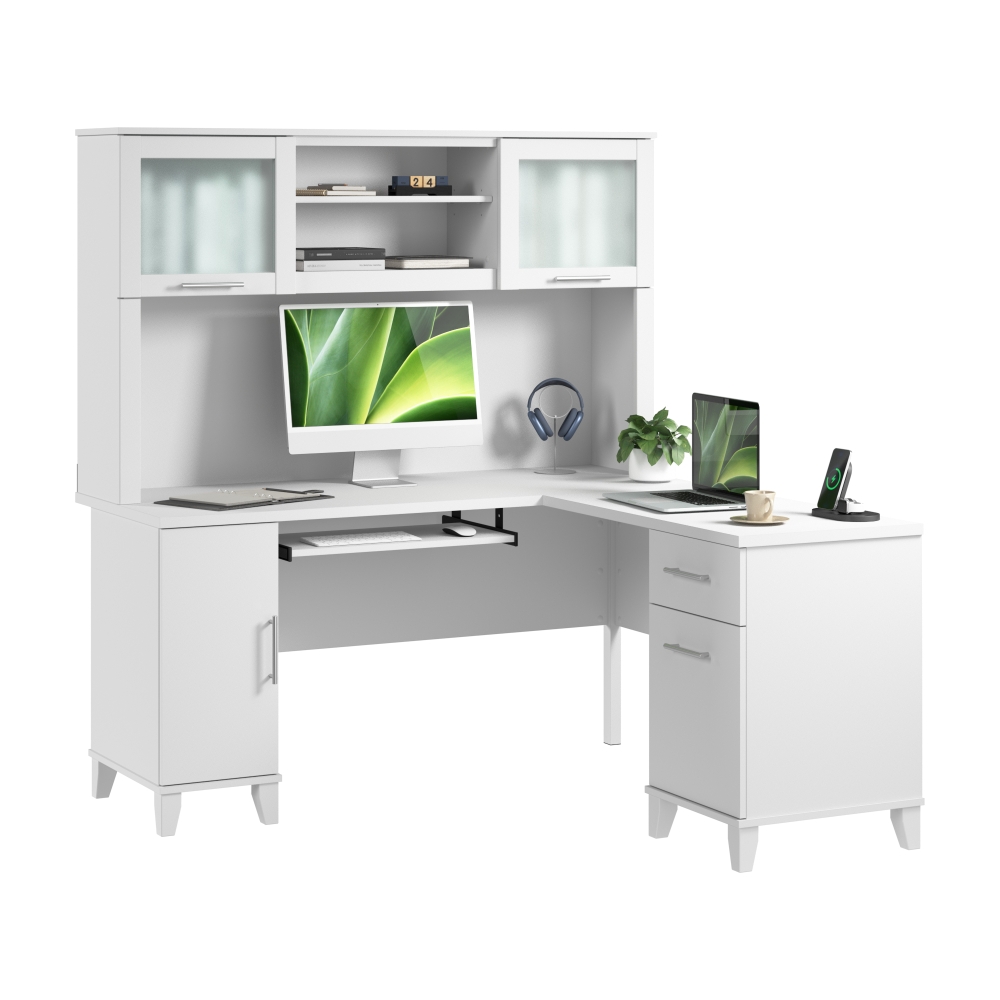 Shop Bush Home Somerset 60W L Shaped Desk with Hutch, Image 02, SET002WH, #color_white