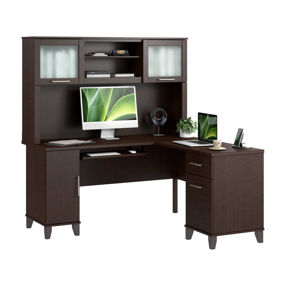 Shop Bush Home Somerset 60W L Shaped Desk with Hutch, Image 02, SET002MR, #color_mocha cherry