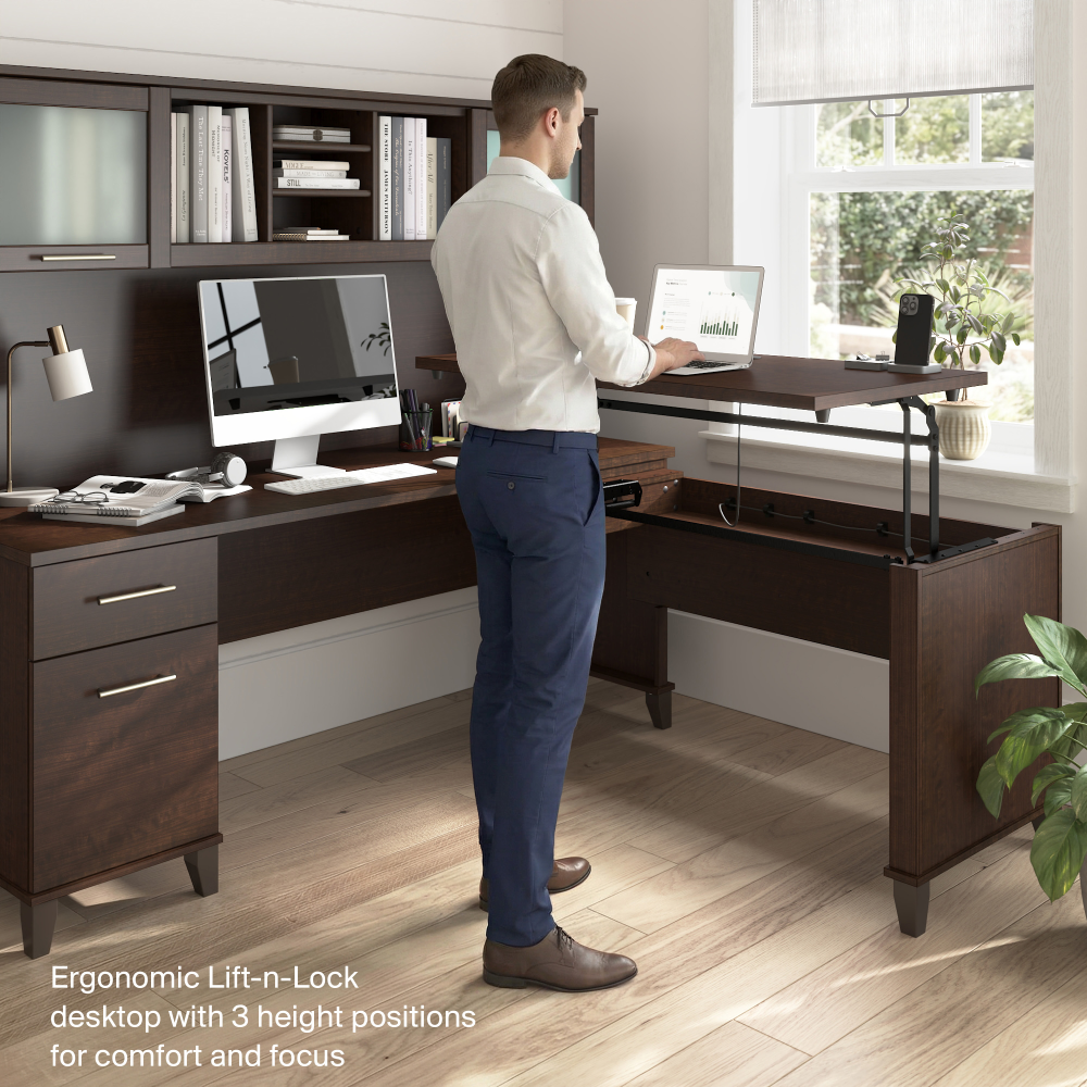 Shop Bush Home Somerset 72W L-Shaped Sit to Stand Desk with Hutch, Image 03, SET015MR, #color_mocha cherry
