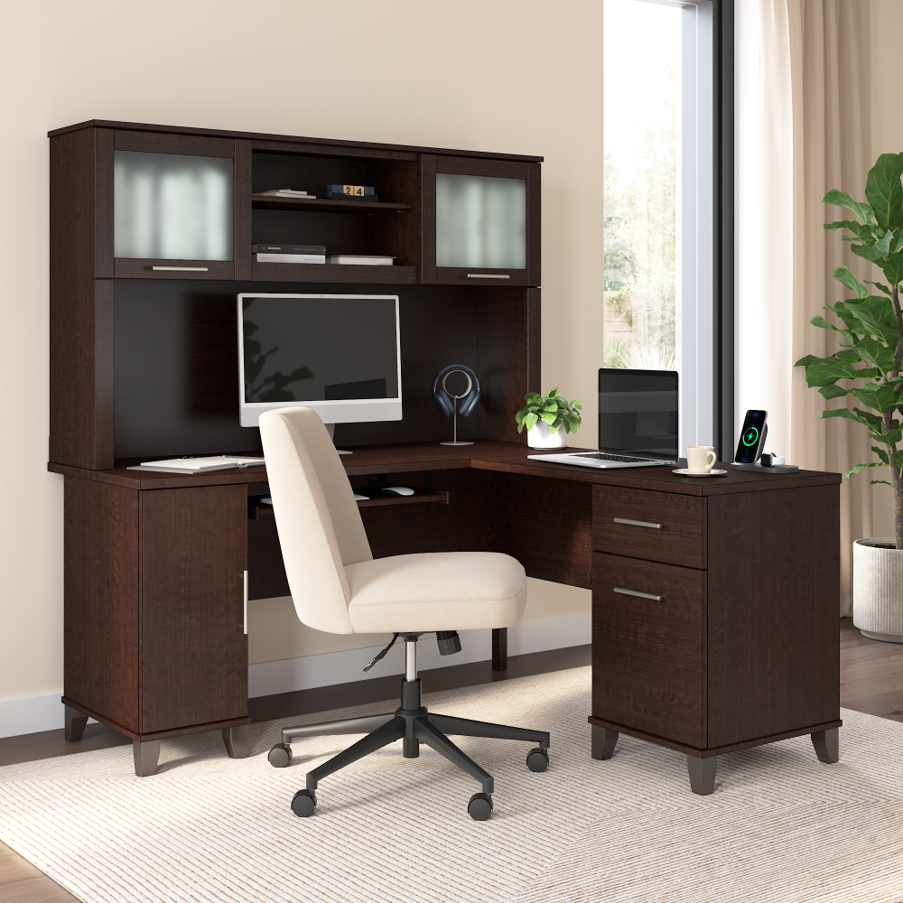 Shop Bush Home Somerset 60W L Shaped Desk with Hutch, Image 01, SET002MR, #color_mocha cherry