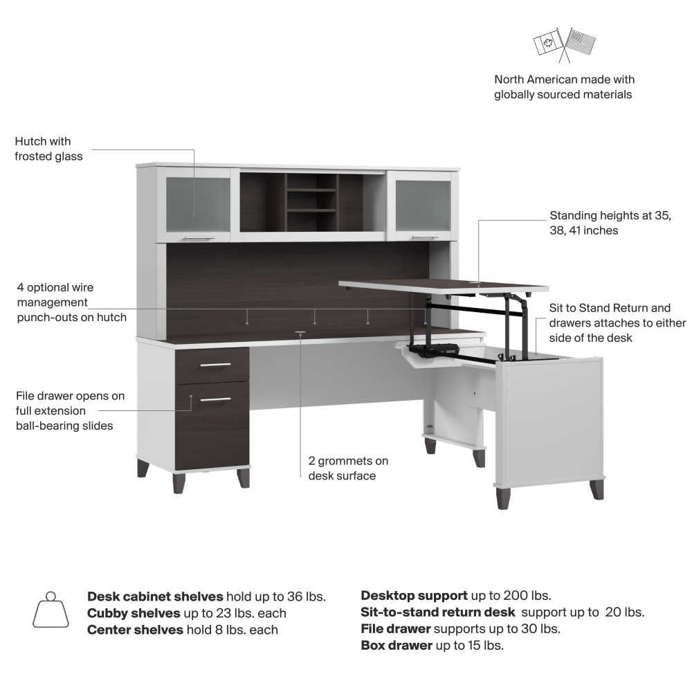 Shop Bush Home Somerset 72W L-Shaped Sit to Stand Desk with Hutch, Image 07, SET015SGWH, #color_storm gray/white