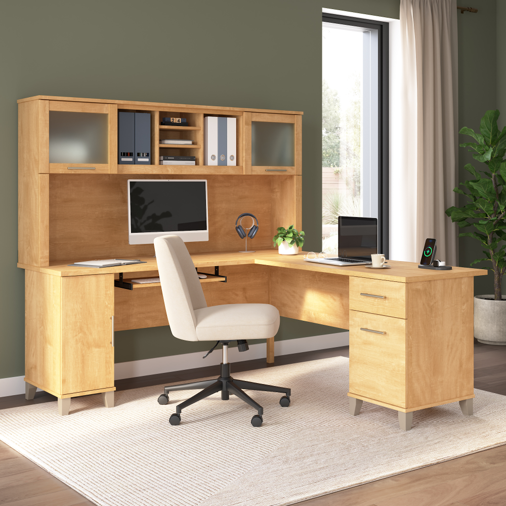 Shop Bush Home Somerset 72W L Shaped Desk with Hutch, Image 01, SET001MC, #color_maple cross