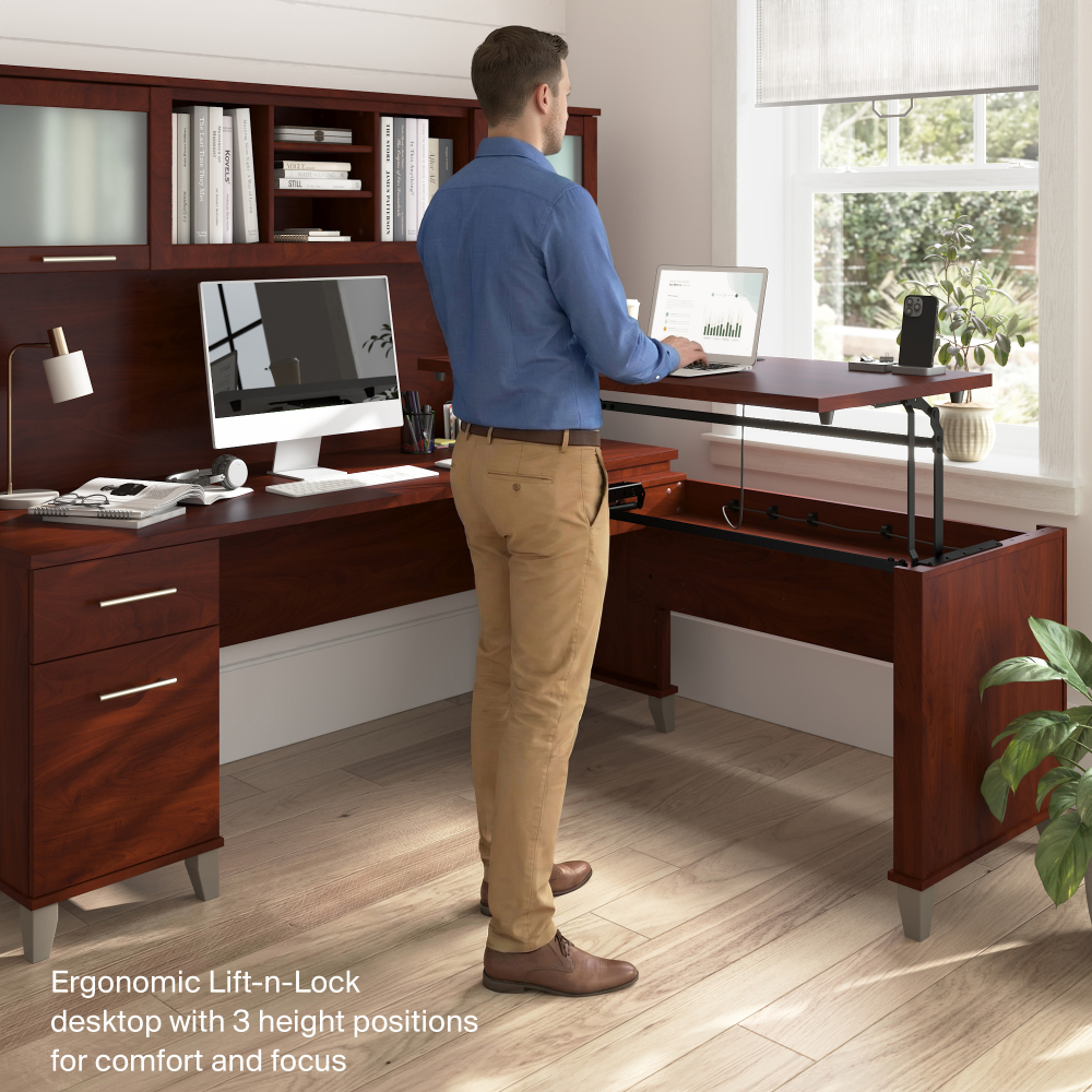 Shop Bush Home Somerset 72W L-Shaped Sit to Stand Desk with Hutch, Image 03, SET015HC, #color_hansen cherry
