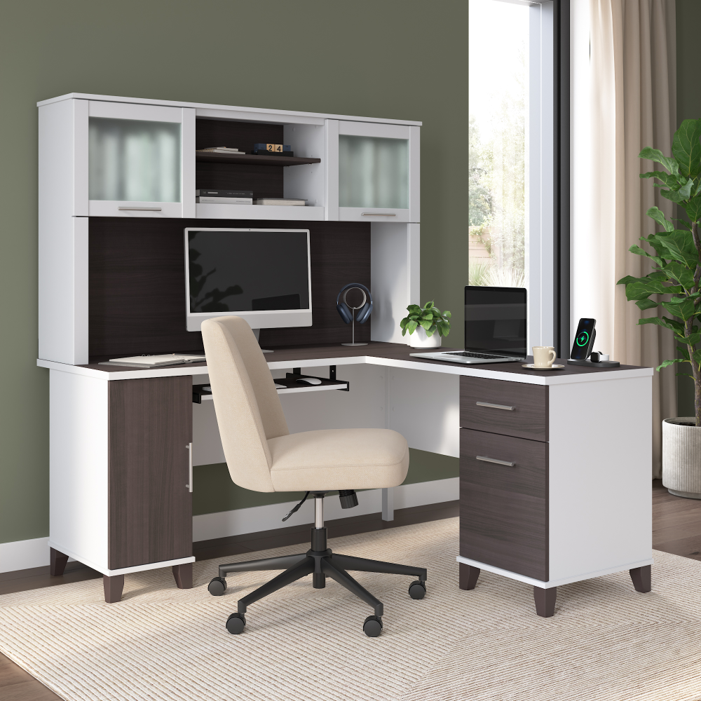 Shop Bush Home Somerset 60W L Shaped Desk with Hutch, Image 01, SET002SGWH, #color_storm gray/white