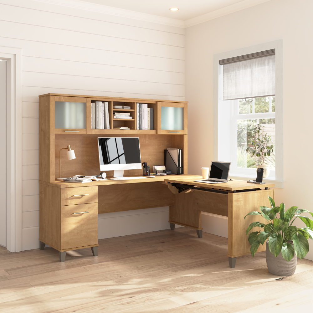 Shop Bush Home Somerset 72W L-Shaped Sit to Stand Desk with Hutch, Image 01, SET015MC, #color_maple cross