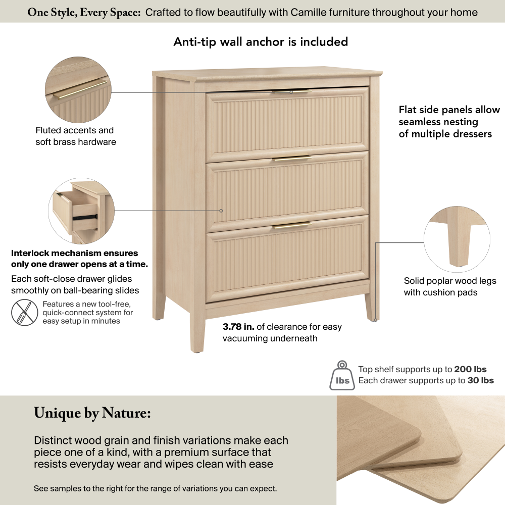 Bush Home Camille Fluted 3 Drawer Dresser
