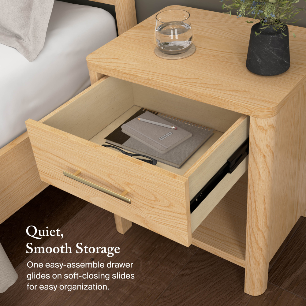Shop Bush Home Vera Queen Platform Bed with Set of 2 Nightstands with Drawer, Image 04, VRA011NW, #color_natural white oak/black metal