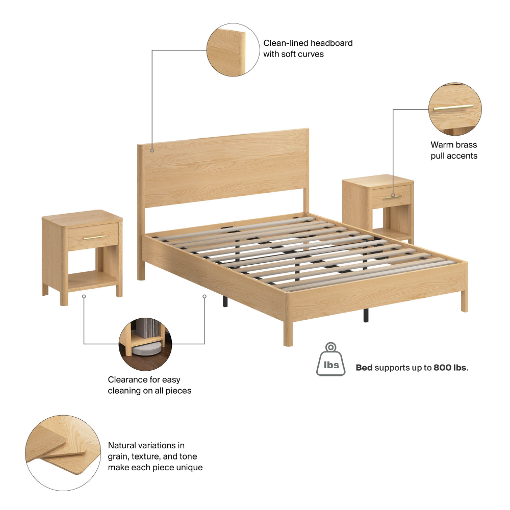 Shop Bush Home Vera Queen Platform Bed with Set of 2 Nightstands with Drawer, Image 06, VRA011NW, #color_natural white oak/black metal