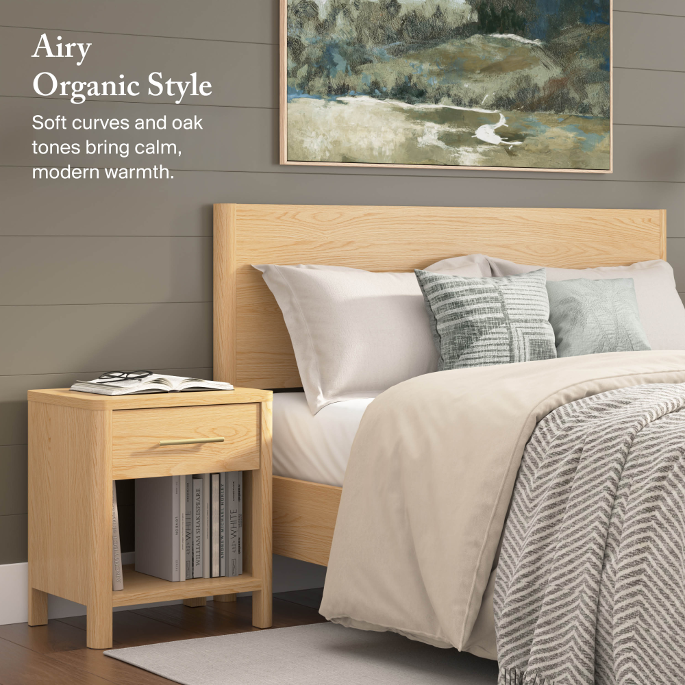 Shop Bush Home Vera Queen Platform Bed with Set of 2 Nightstands with Drawer, Image 03, VRA011NW, #color_natural white oak/black metal