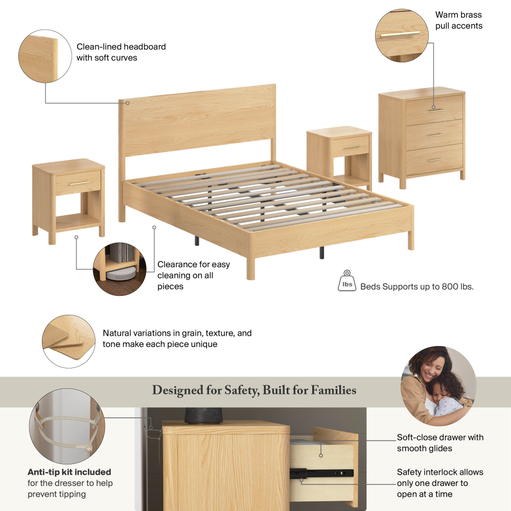 Shop Bush Home Vera Queen Platform Bed with Dresser and Set of 2 Nightstands with Drawer, Image 07, VRA012NW, #color_natural white oak/black metal