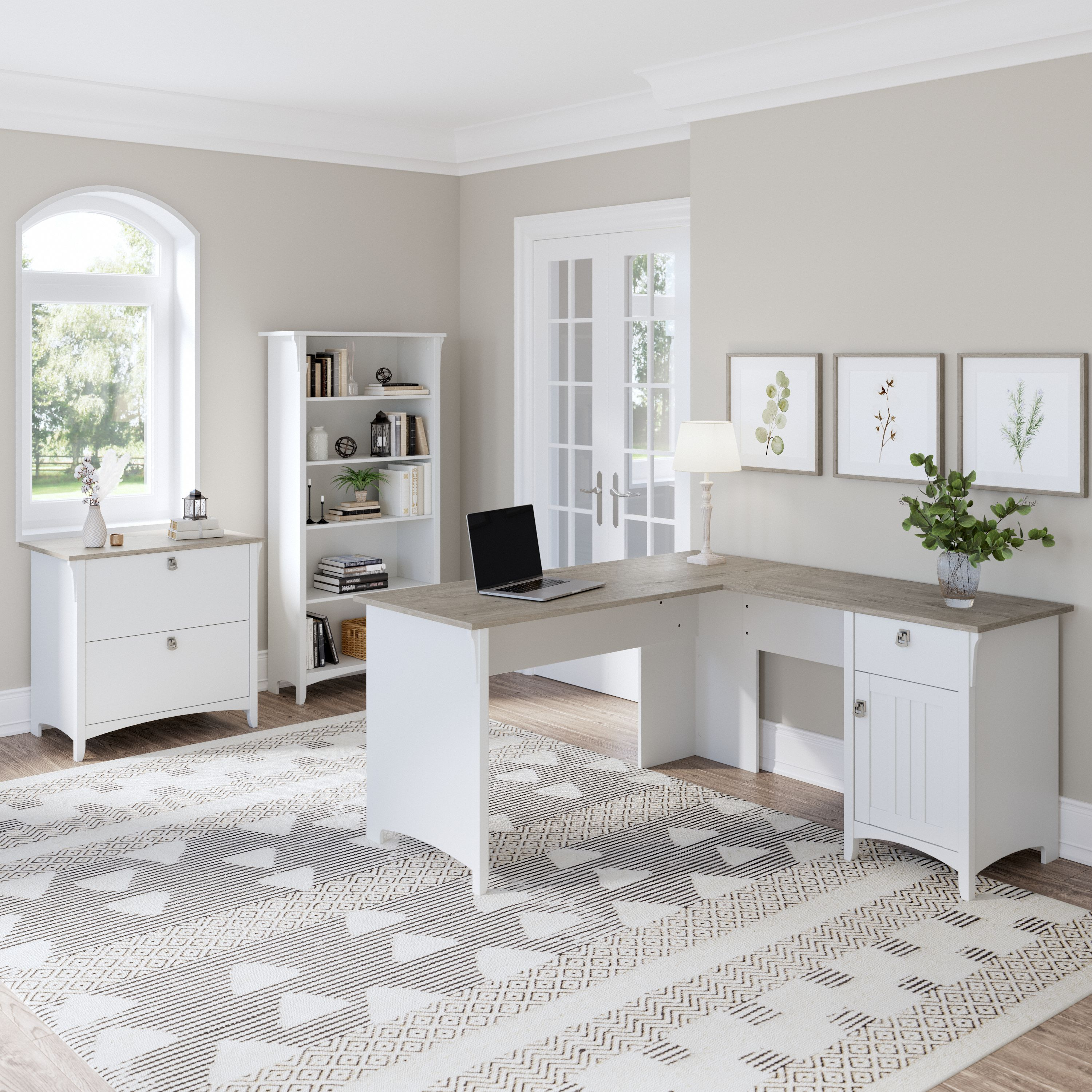Shop Bush Furniture Salinas 60W L Shaped Desk with Lateral File Cabinet and 5 Shelf Bookcase 01 SAL003G2W #color_shiplap gray/pure white