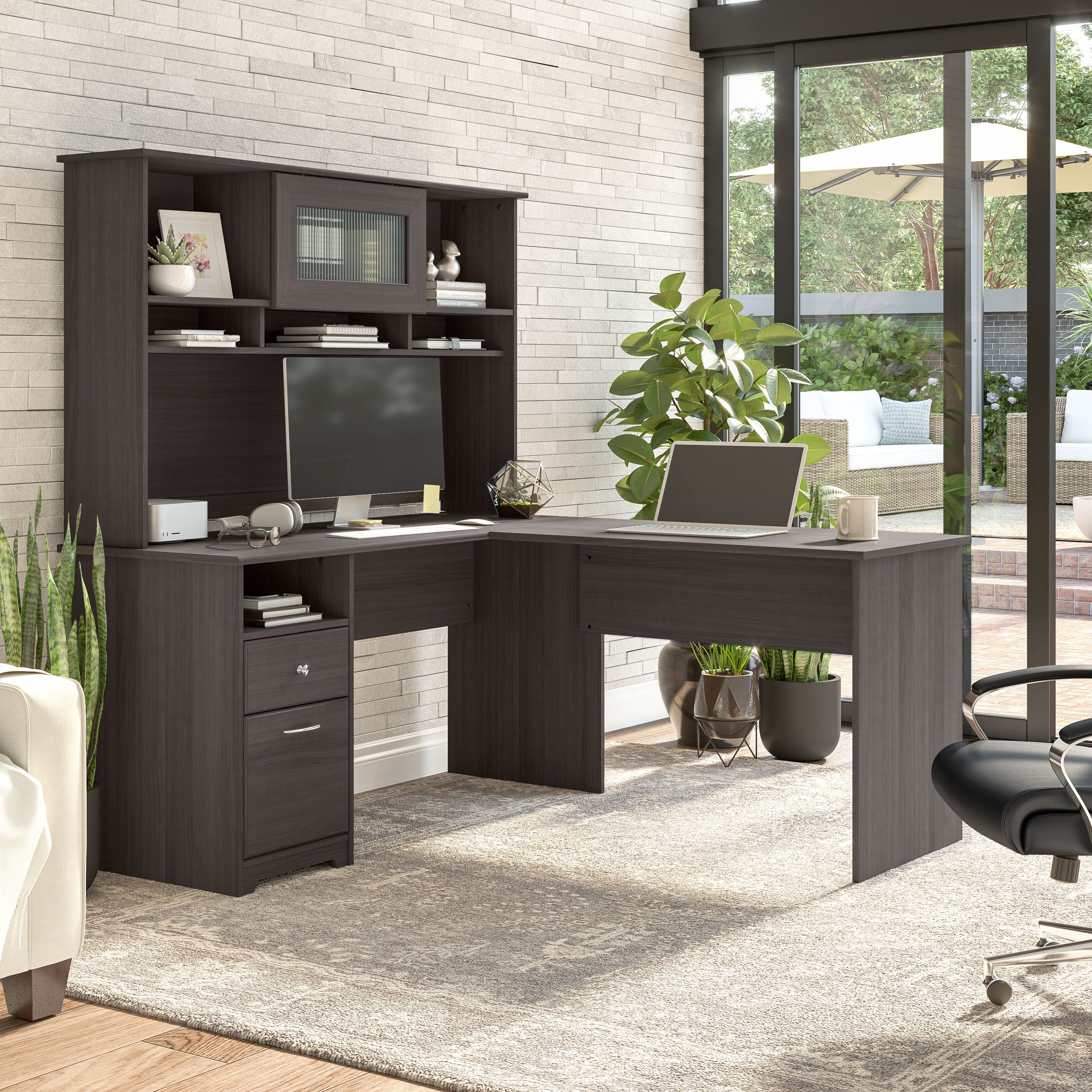 Shop Bush Furniture Cabot 60W L Shaped Computer Desk with Hutch and Drawers 01 CAB046HRG #color_heather gray