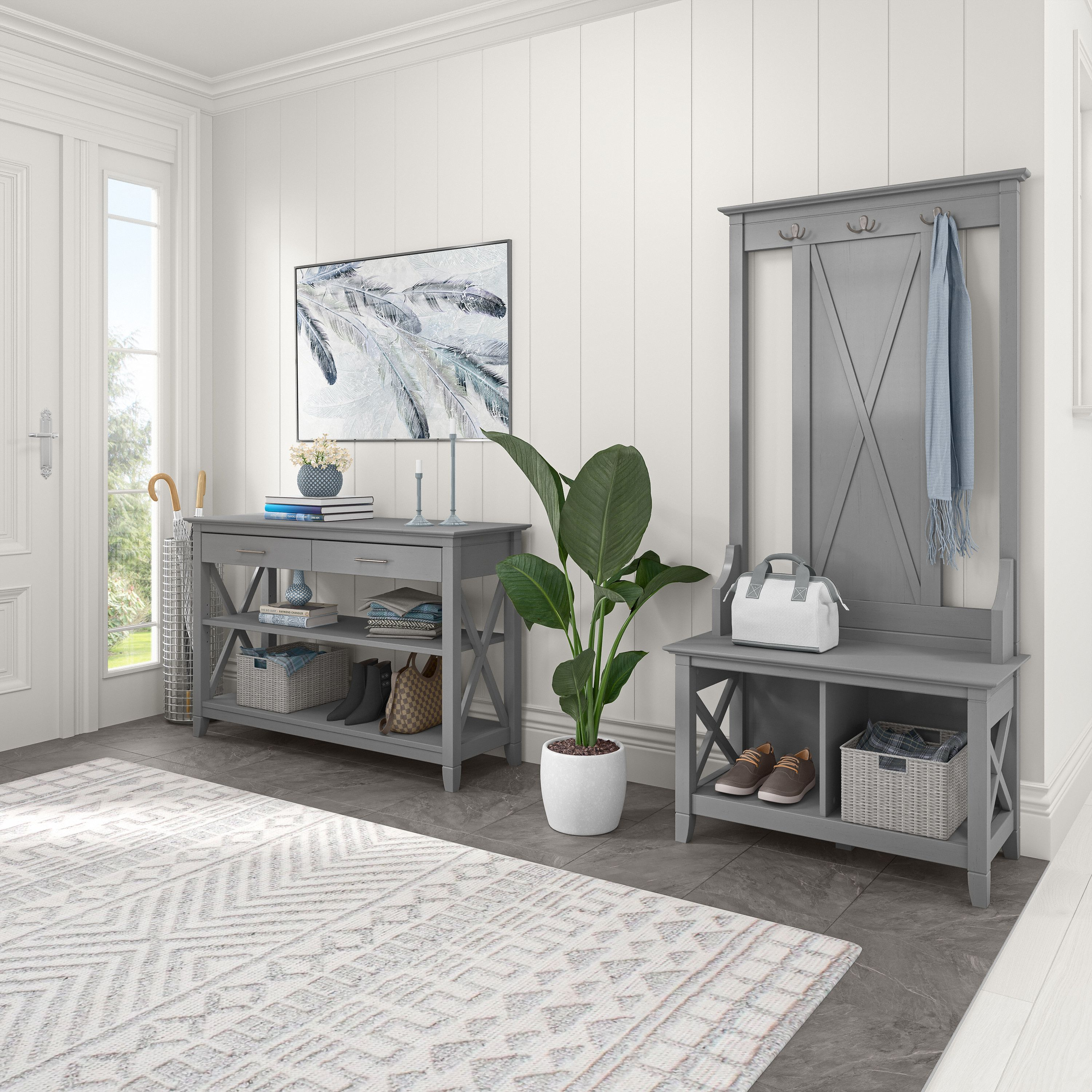 Shop Bush Furniture Key West Entryway Storage Set with Hall Tree, Shoe Bench and Console Table 01 KWS056CG #color_cape cod gray