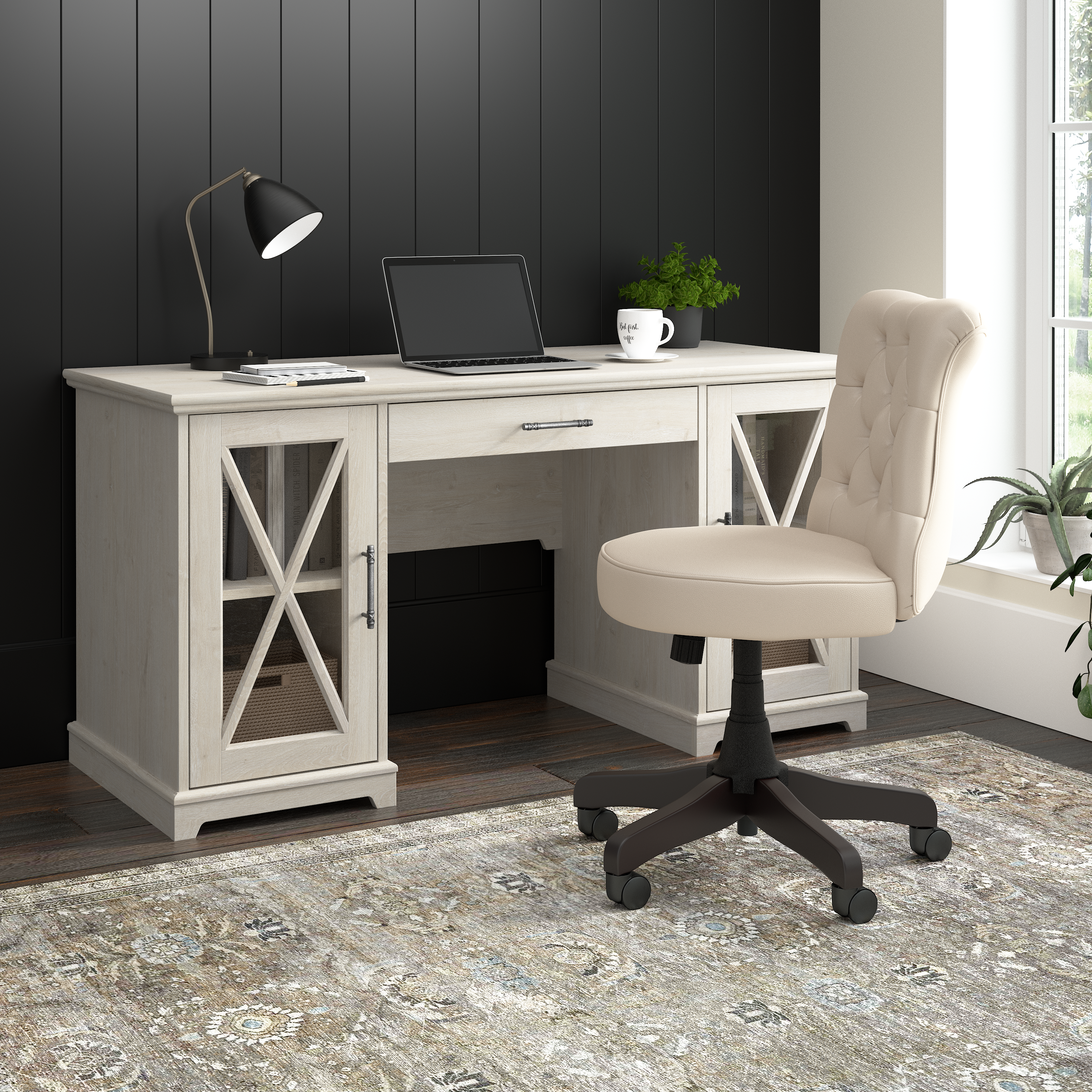 Shop Bush Furniture Lennox 60W Farmhouse Desk with Storage and Keyboard Tray 01 LED160LW-03K #color_linen white oak