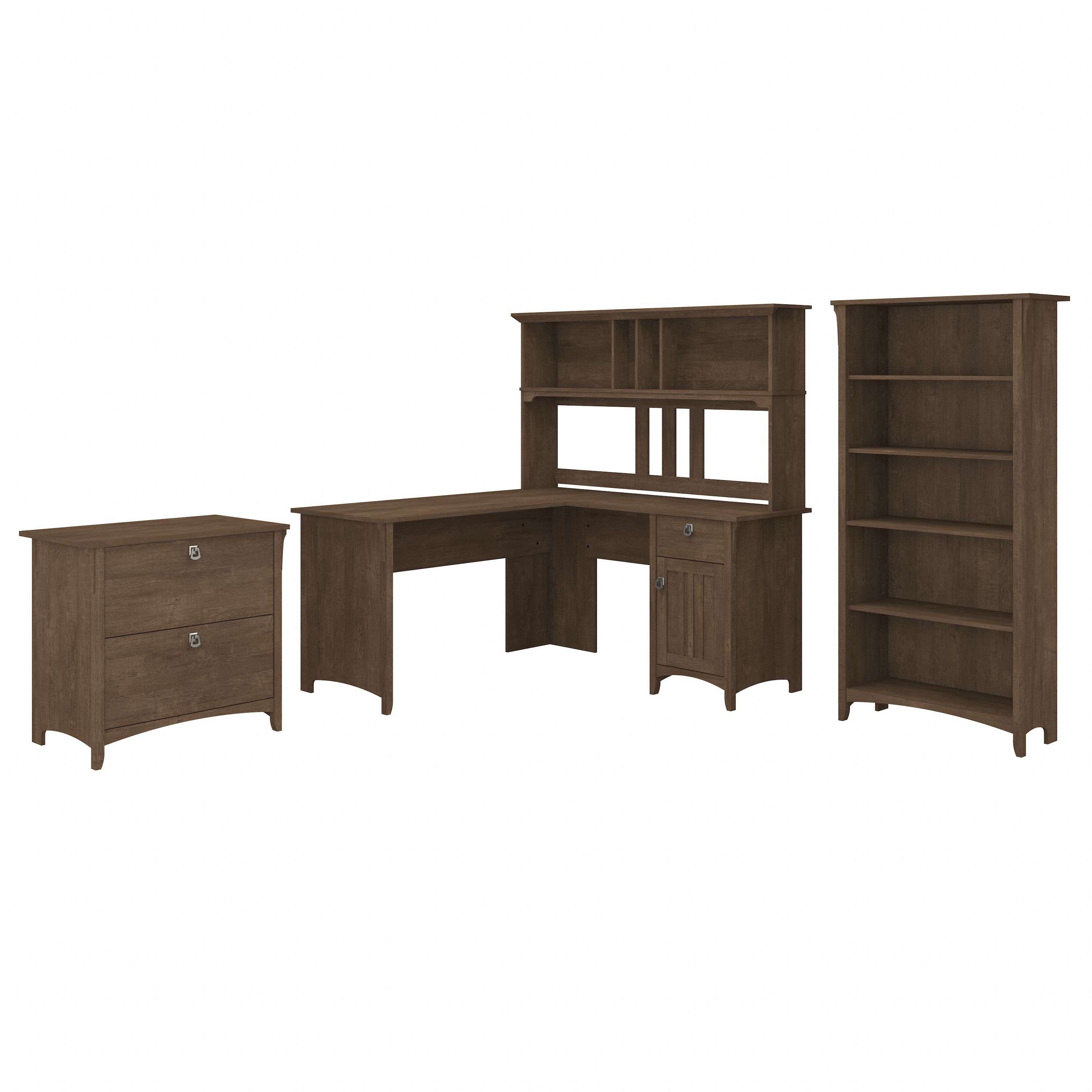 Shop Bush Furniture Salinas 60W L Shaped Desk with Hutch, Lateral File Cabinet and 5 Shelf Bookcase 02 SAL007ABR #color_ash brown