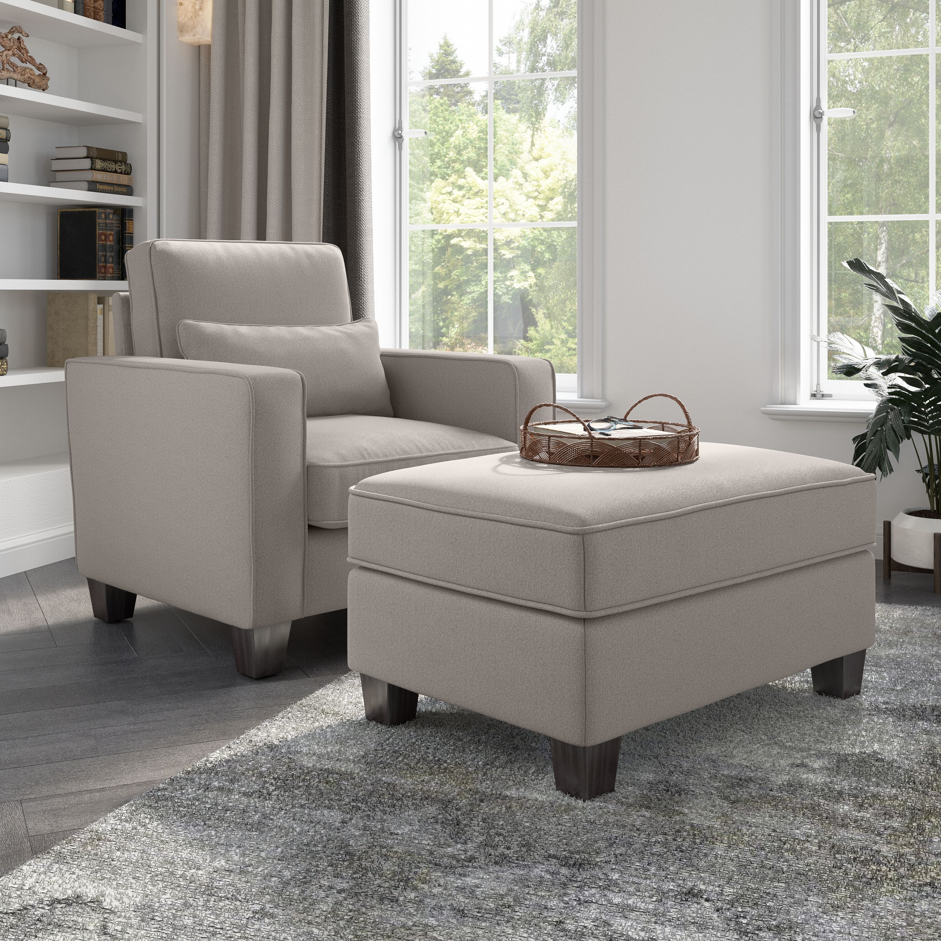 Shop Bush Furniture Stockton Accent Chair with Ottoman Set 01 SKT010BGH #color_beige herringbone fabric
