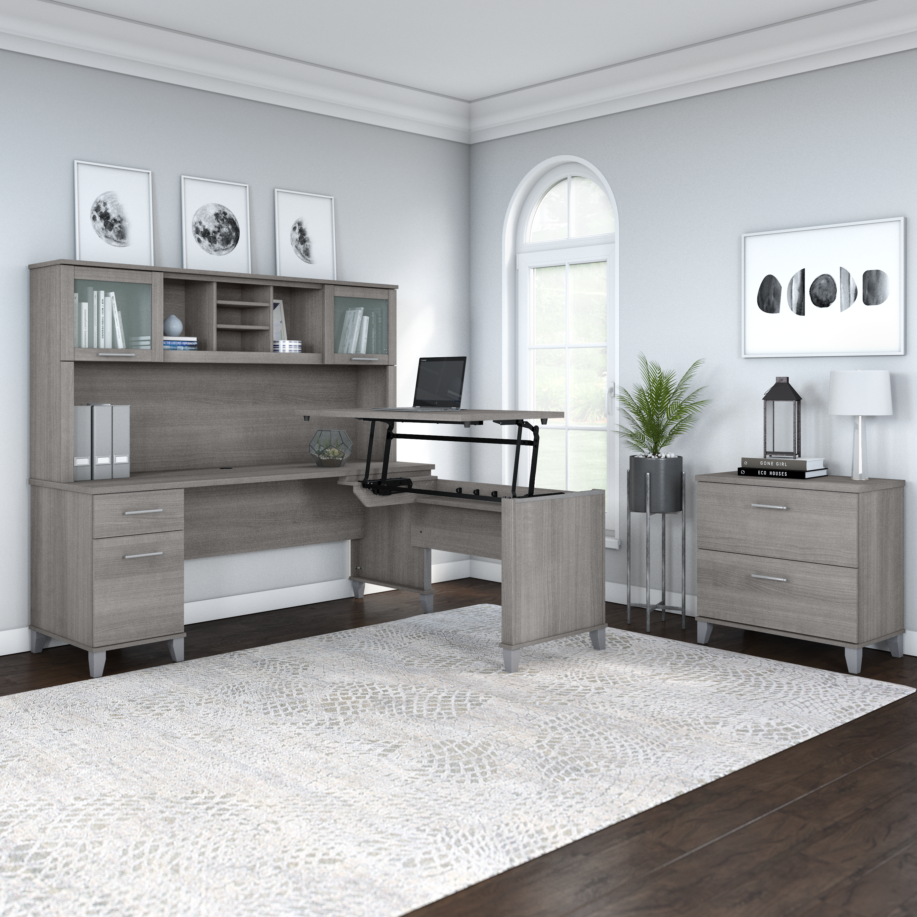 Shop Bush Furniture Somerset 72W 3 Position Sit to Stand L Shaped Desk with Hutch and File Cabinet 01 SET016PG #color_platinum gray