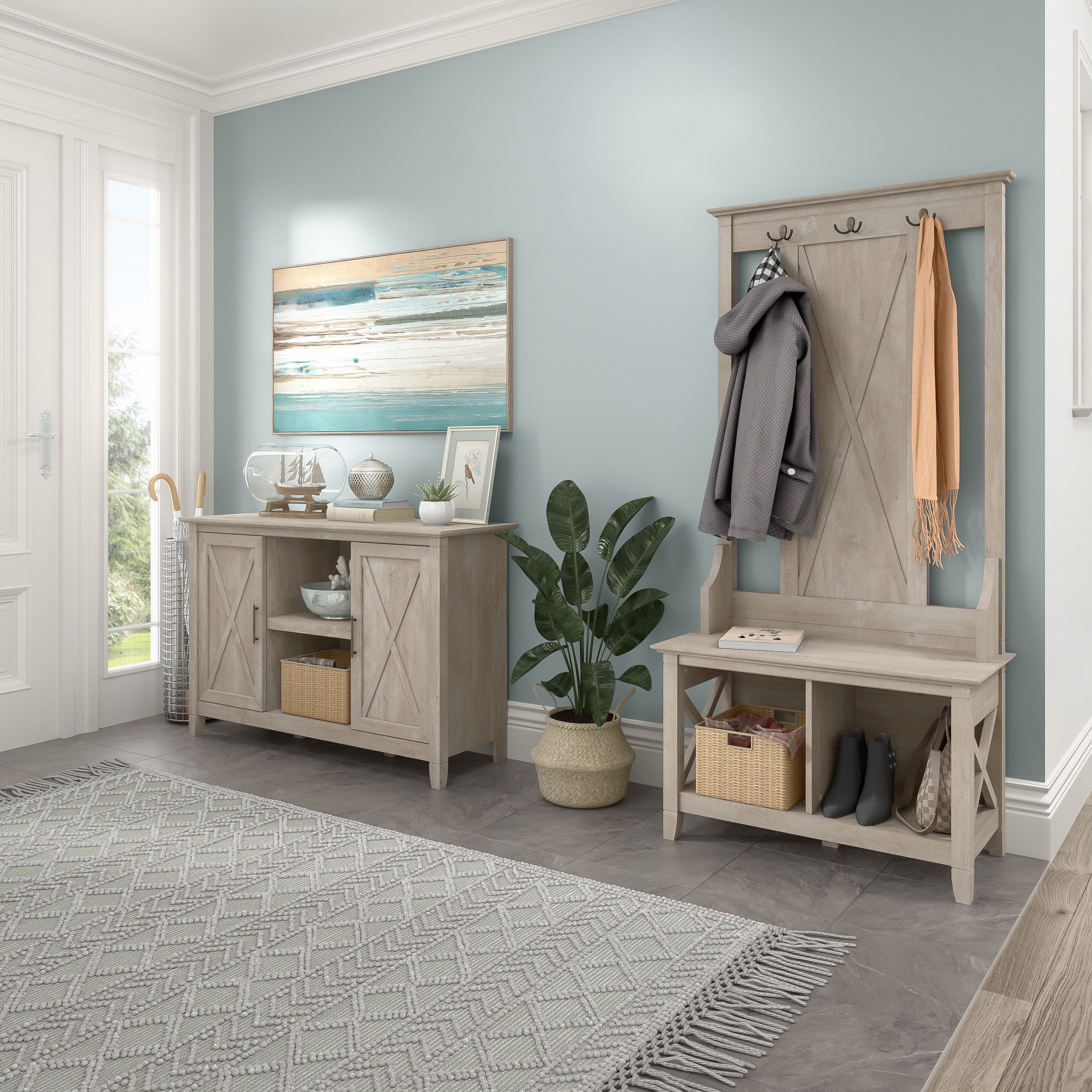 Shop Bush Furniture Key West Entryway Storage Set with Hall Tree, Shoe Bench and 2 Door Cabinet 01 KWS054WG #color_washed gray