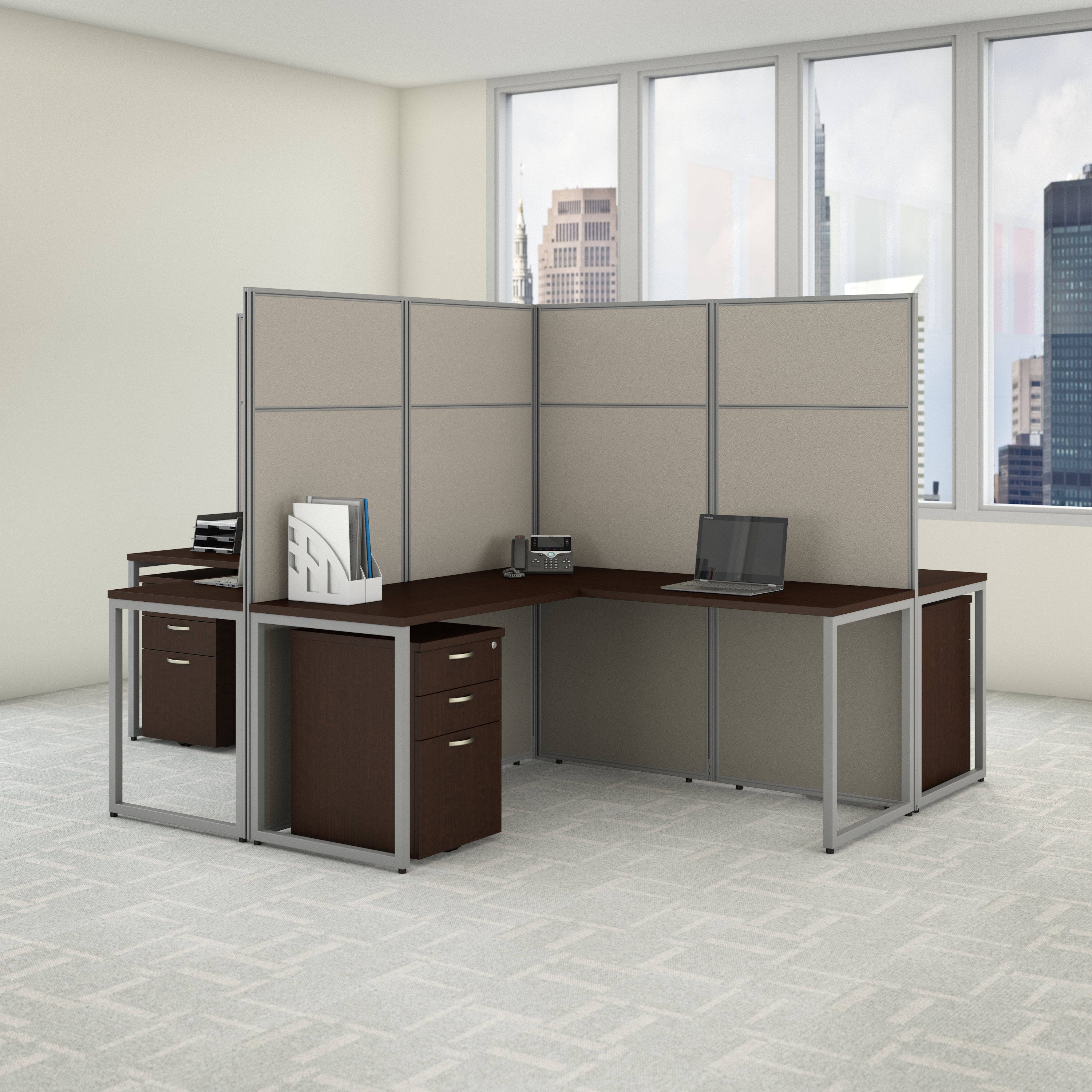 Shop Bush Business Furniture Easy Office 60W 4 Person L Shaped Cubicle Desk with Drawers and 66H Panels 08 EODH76SMR-03K #color_mocha cherry