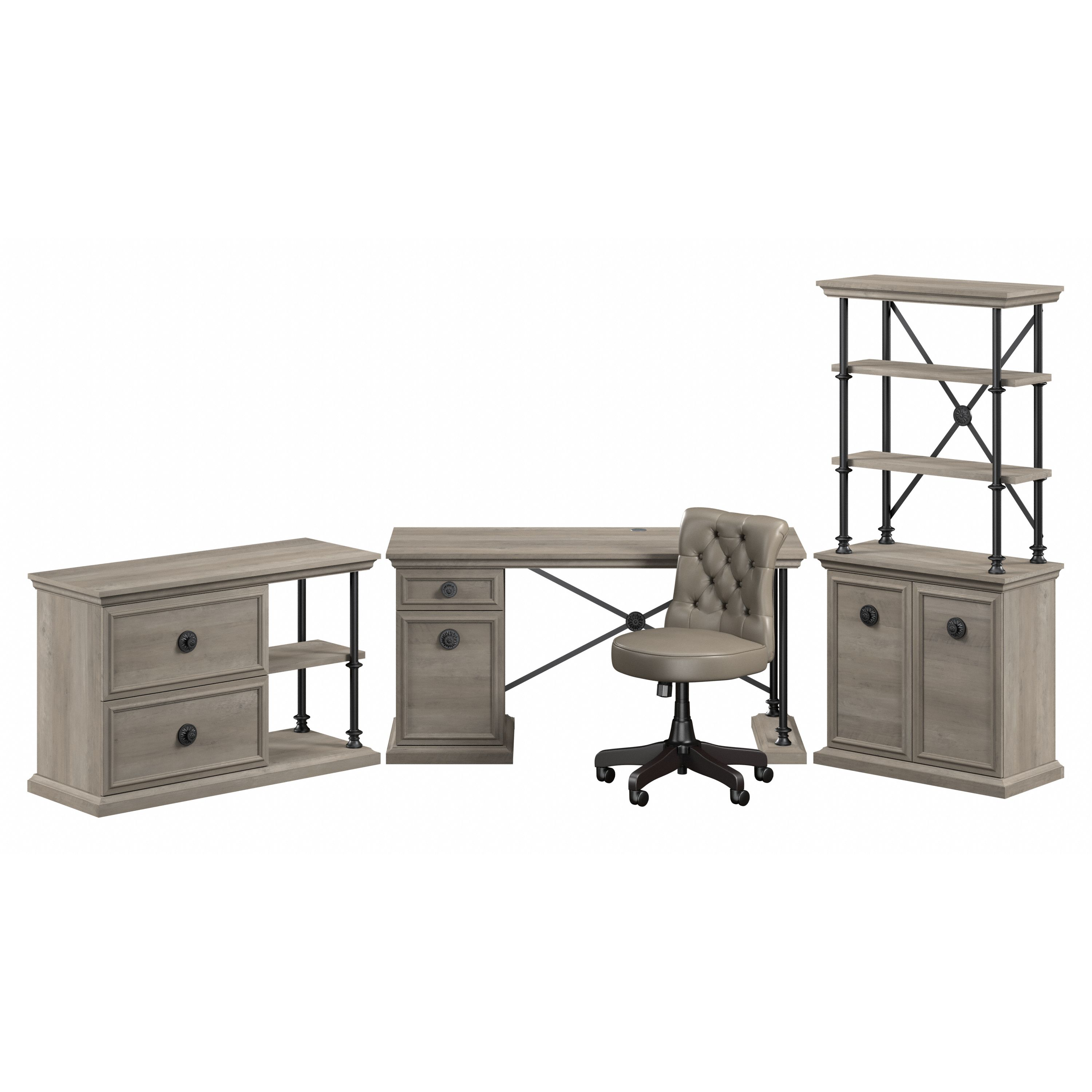 Shop Bush Furniture Coliseum 60W Designer Desk and Chair Set with Lateral File Cabinet and Bookcase with Doors 02 CSM003DG #color_driftwood gray