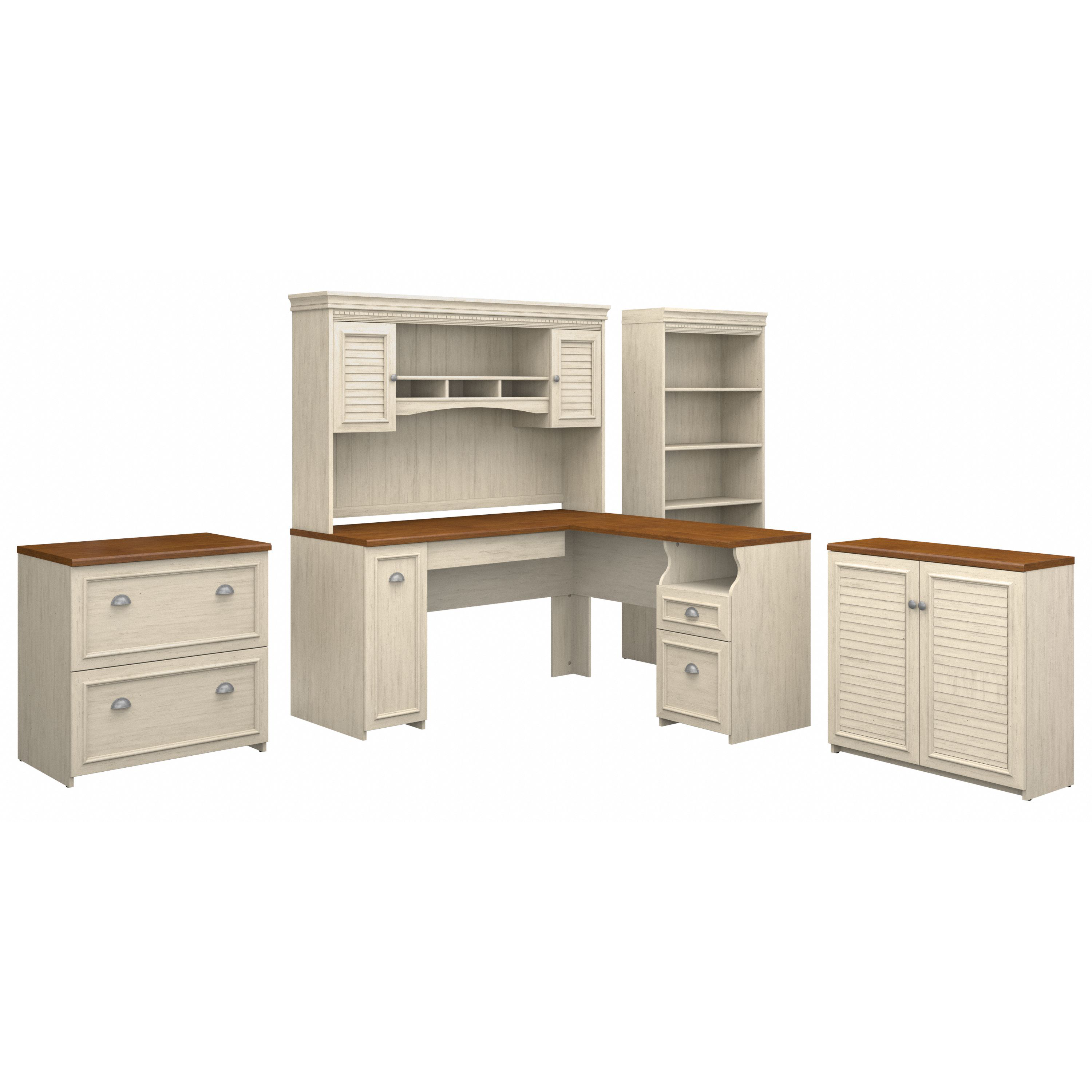 Shop Bush Furniture Fairview 60W L Shaped Desk with Hutch, File Cabinet, Bookcase and Storage 02 FV013AW #color_antique white/tea maple