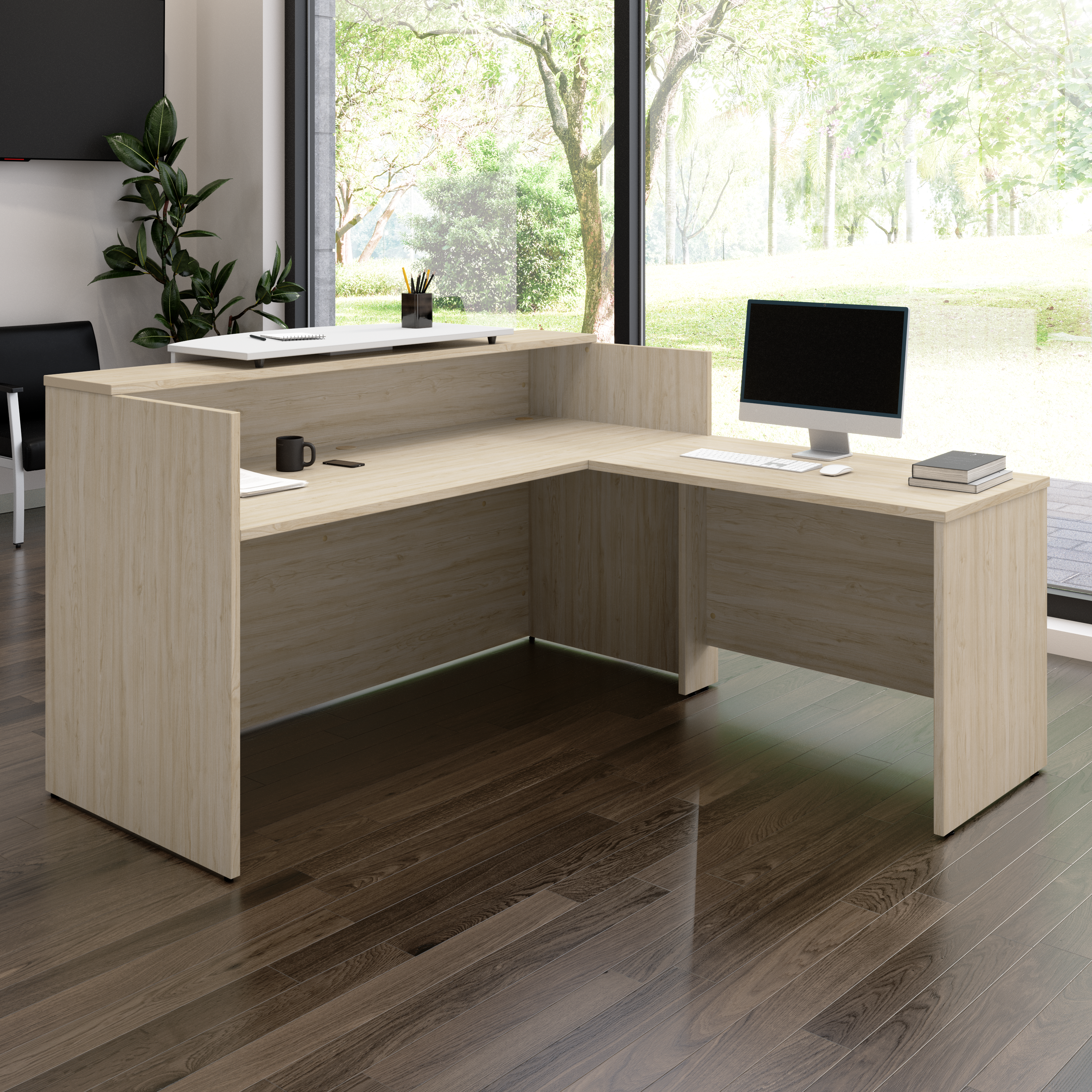Shop Bush Business Furniture Arrive 72W x 72D L Shaped Reception Desk with Counter 01 ARV009NE #color_natural elm