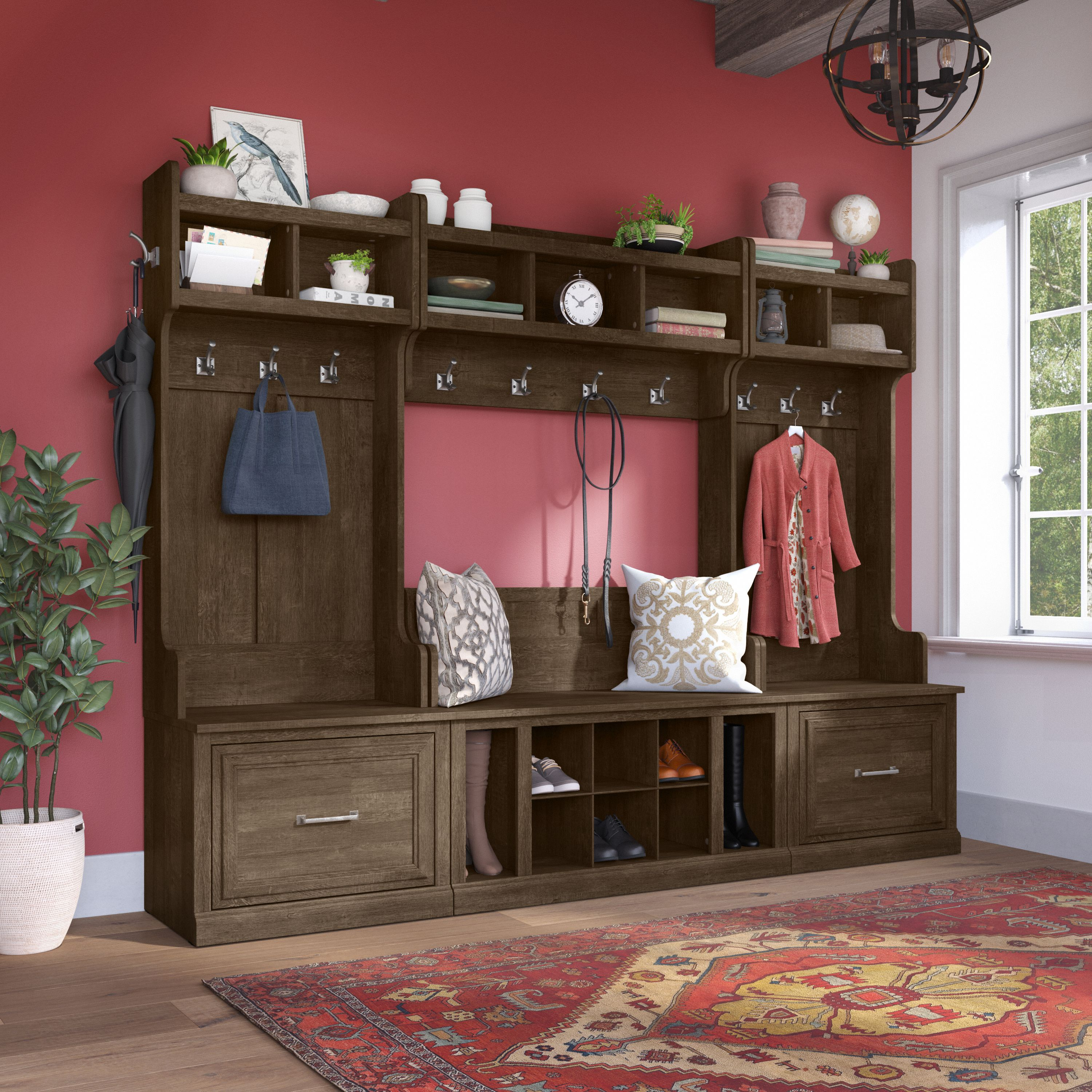 Shop Bush Furniture Woodland Full Entryway Storage Set with Coat Rack and Shoe Bench with Drawers 01 WDL014ABR #color_ash brown