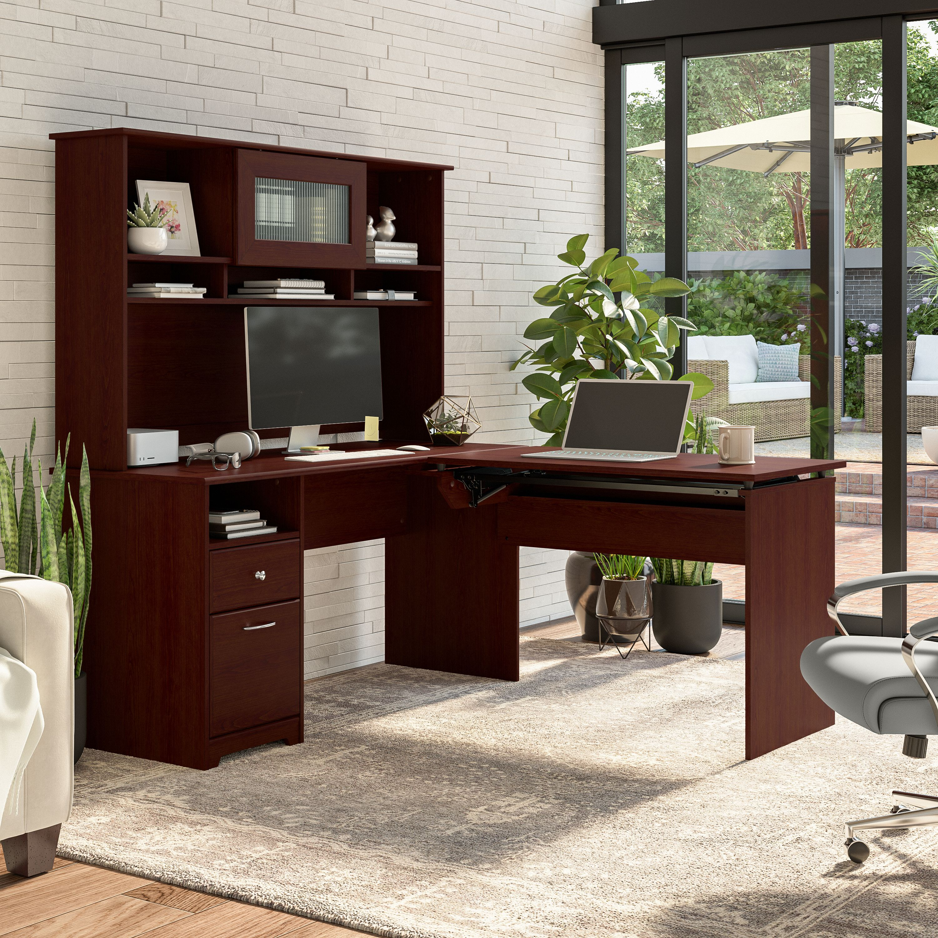 Shop Bush Furniture Cabot 60W 3 Position Sit to Stand L Shaped Desk with Hutch 06 CAB045HVC #color_harvest cherry