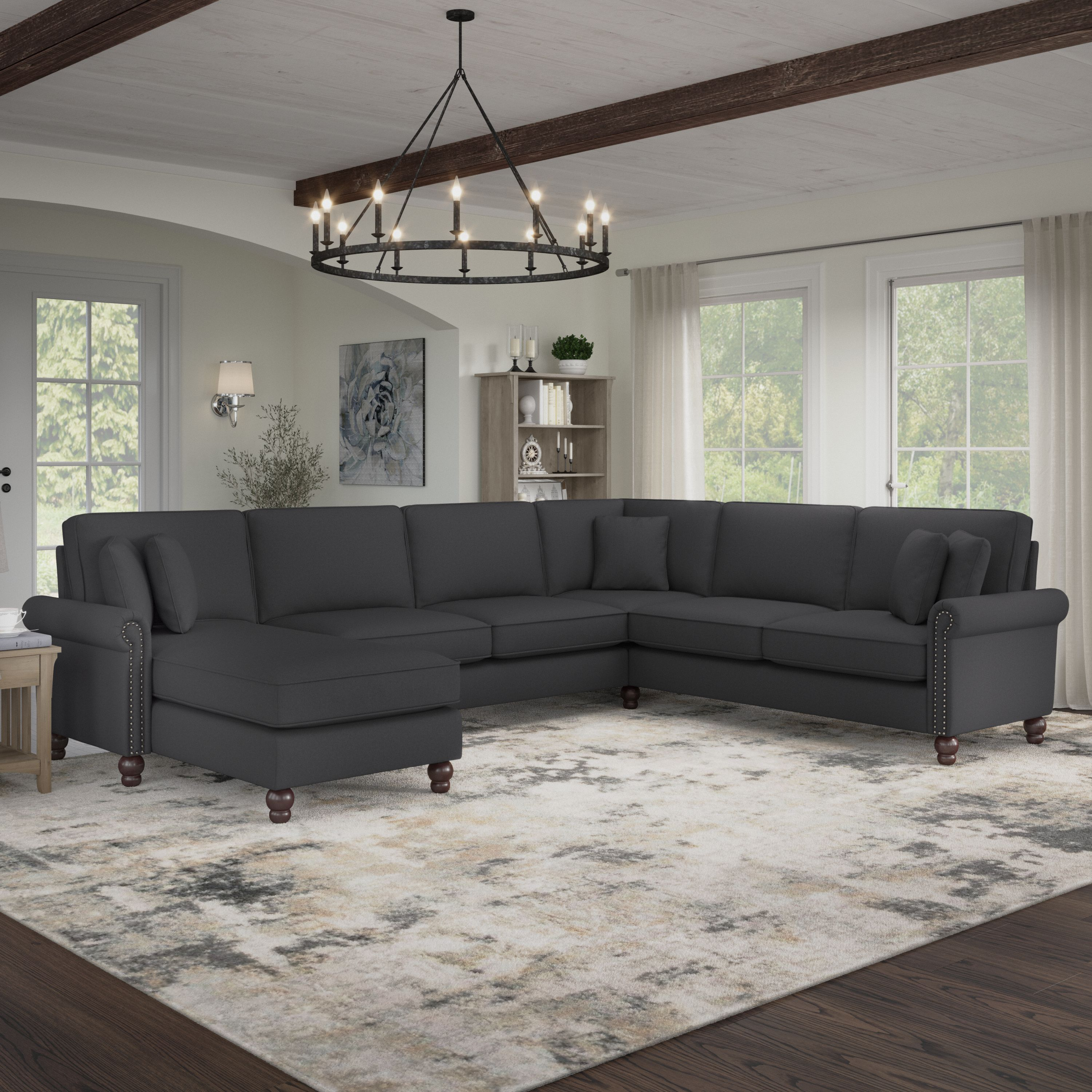 Shop Bush Furniture Coventry 128W U Shaped Sectional Couch with Reversible Chaise Lounge 01 CVY127BCGH-03K #color_charcoal gray herringbone fabr