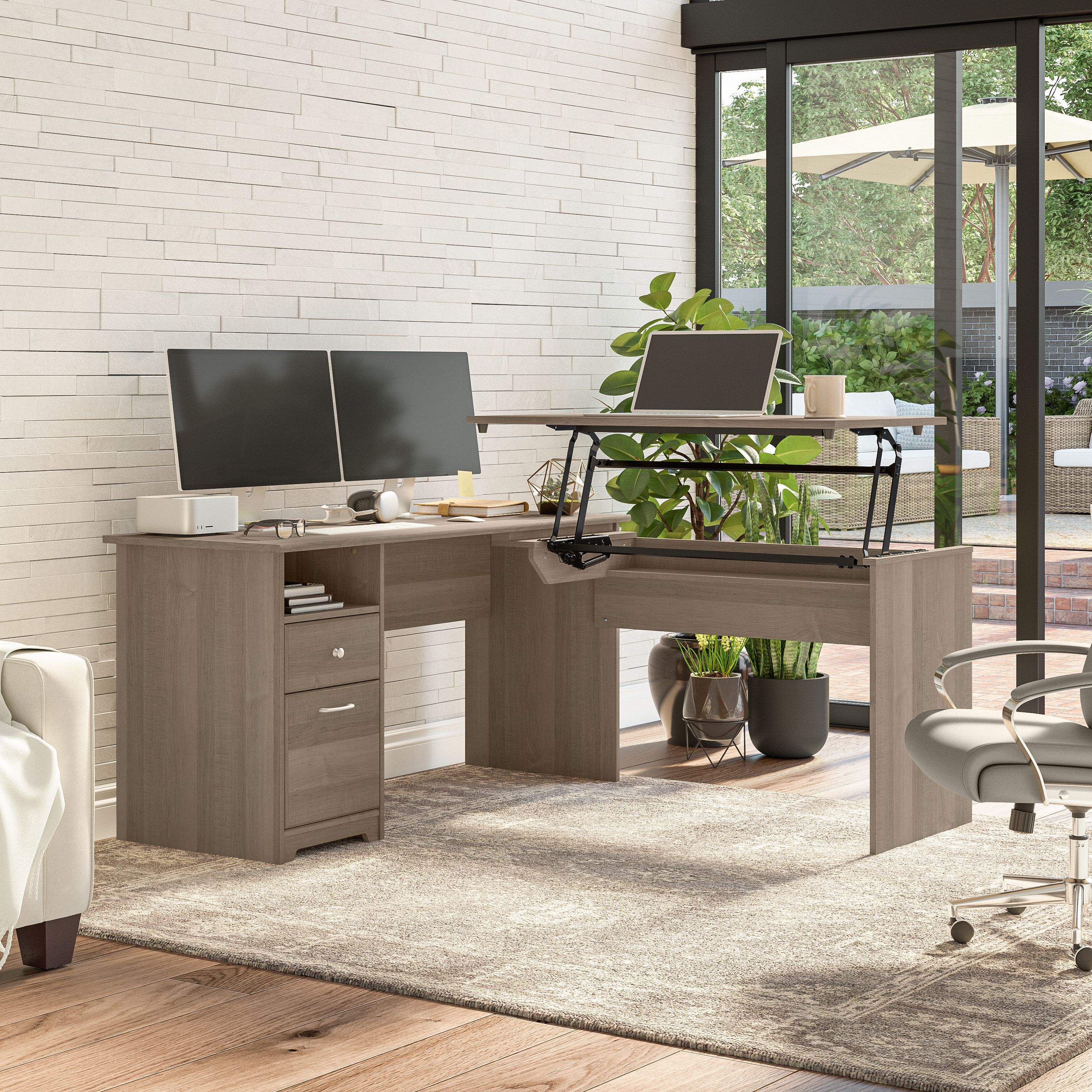 Shop Bush Furniture Cabot 60W 3 Position Sit to Stand L Shaped Desk 01 CAB043AG #color_ash gray