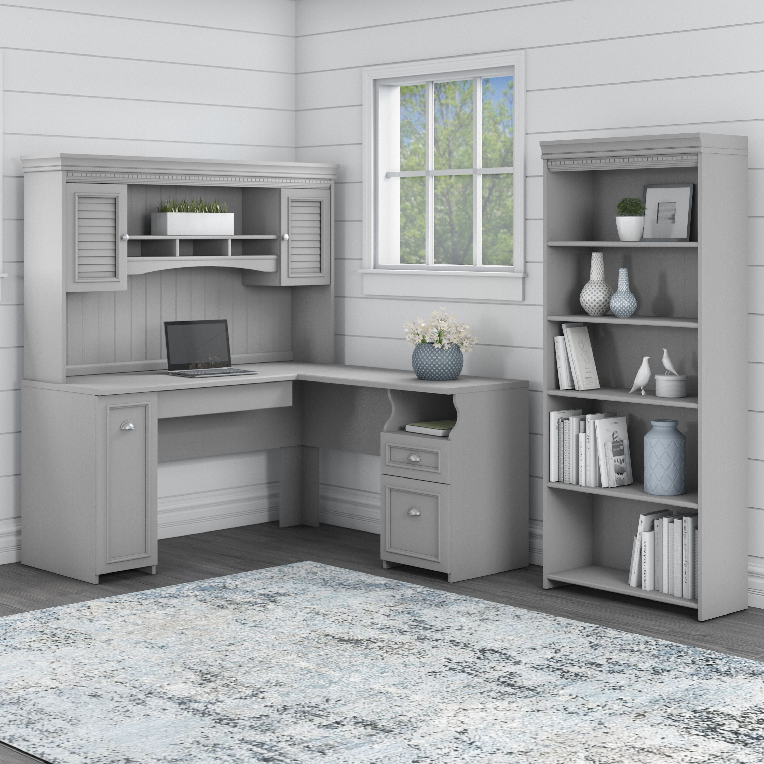 Shop Bush Furniture Fairview 60W L Shaped Desk with Hutch and 5 Shelf Bookcase 01 FV005CG #color_cape cod gray