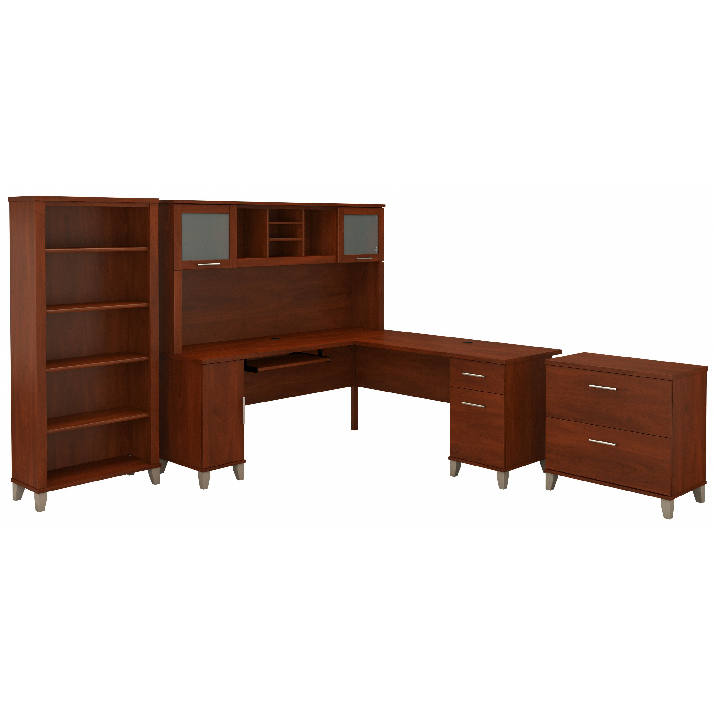 Shop Bush Furniture Somerset 72W L Shaped Desk with Hutch, Lateral File Cabinet and Bookcase 02 SET012HC #color_hansen cherry