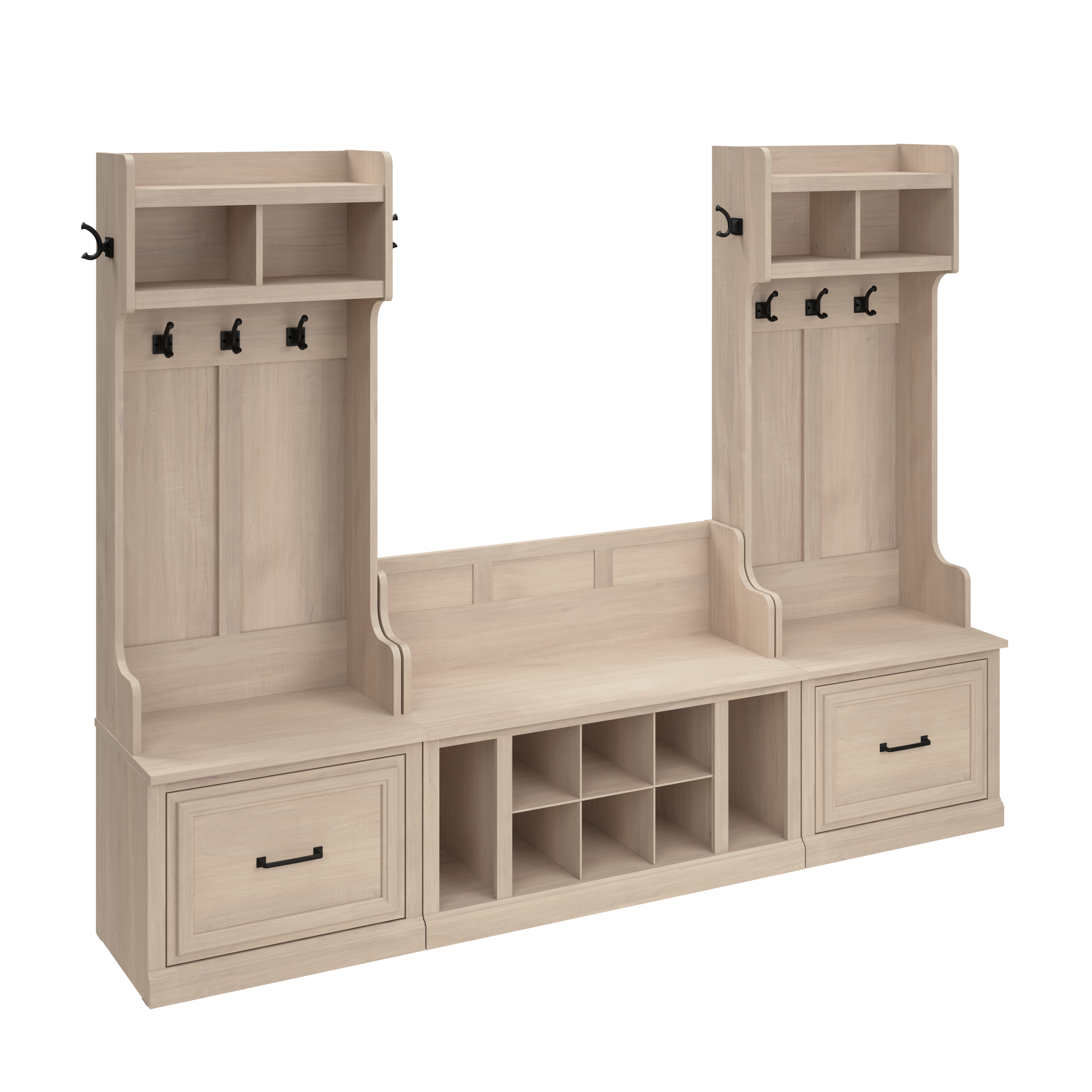 Shop Bush Furniture Woodland Entryway Storage Set with Hall Trees and Shoe Bench with Drawers 02 WDL012WM #color_white washed maple