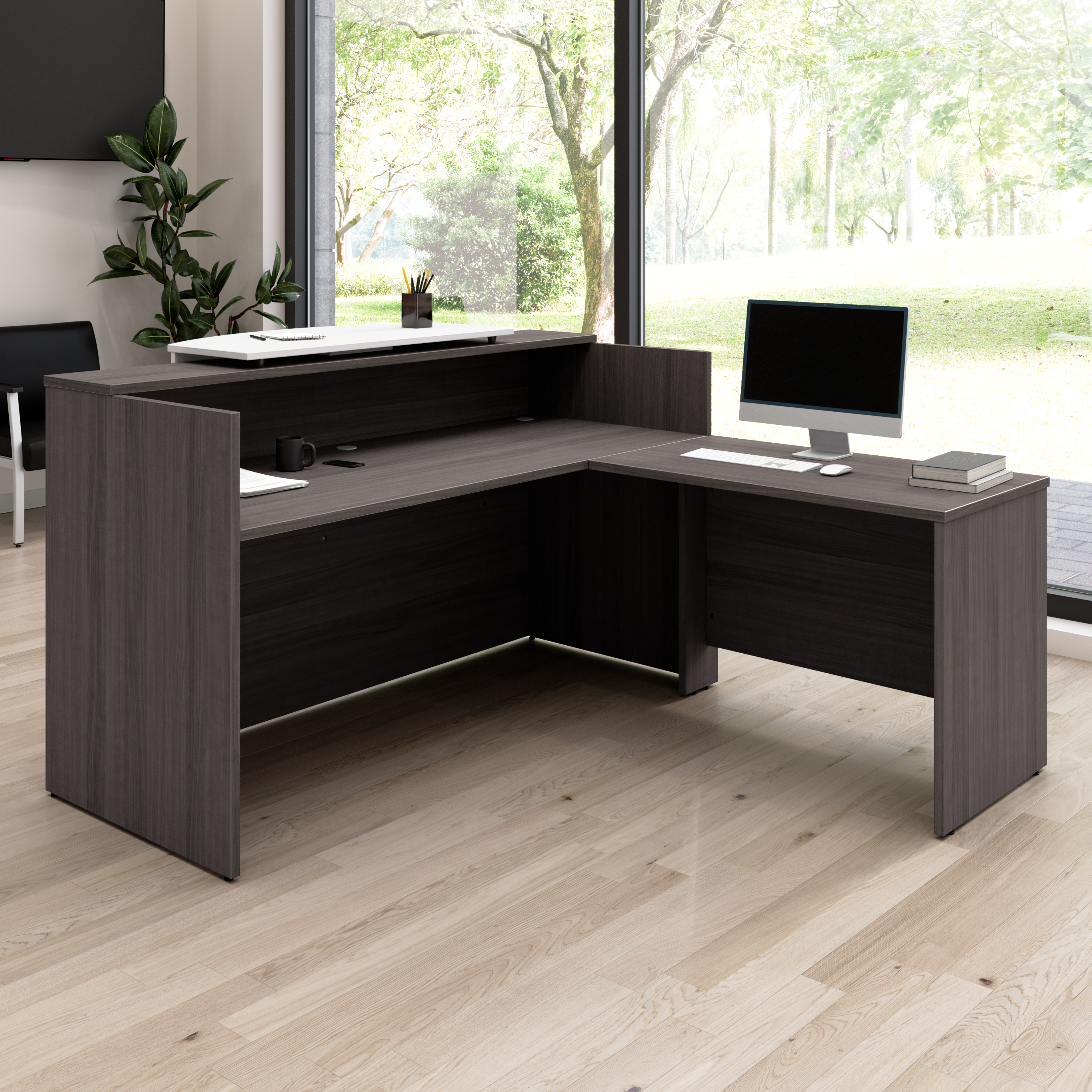 Shop Bush Business Furniture Arrive 72W x 72D L Shaped Reception Desk with Counter 01 ARV009SG #color_storm gray