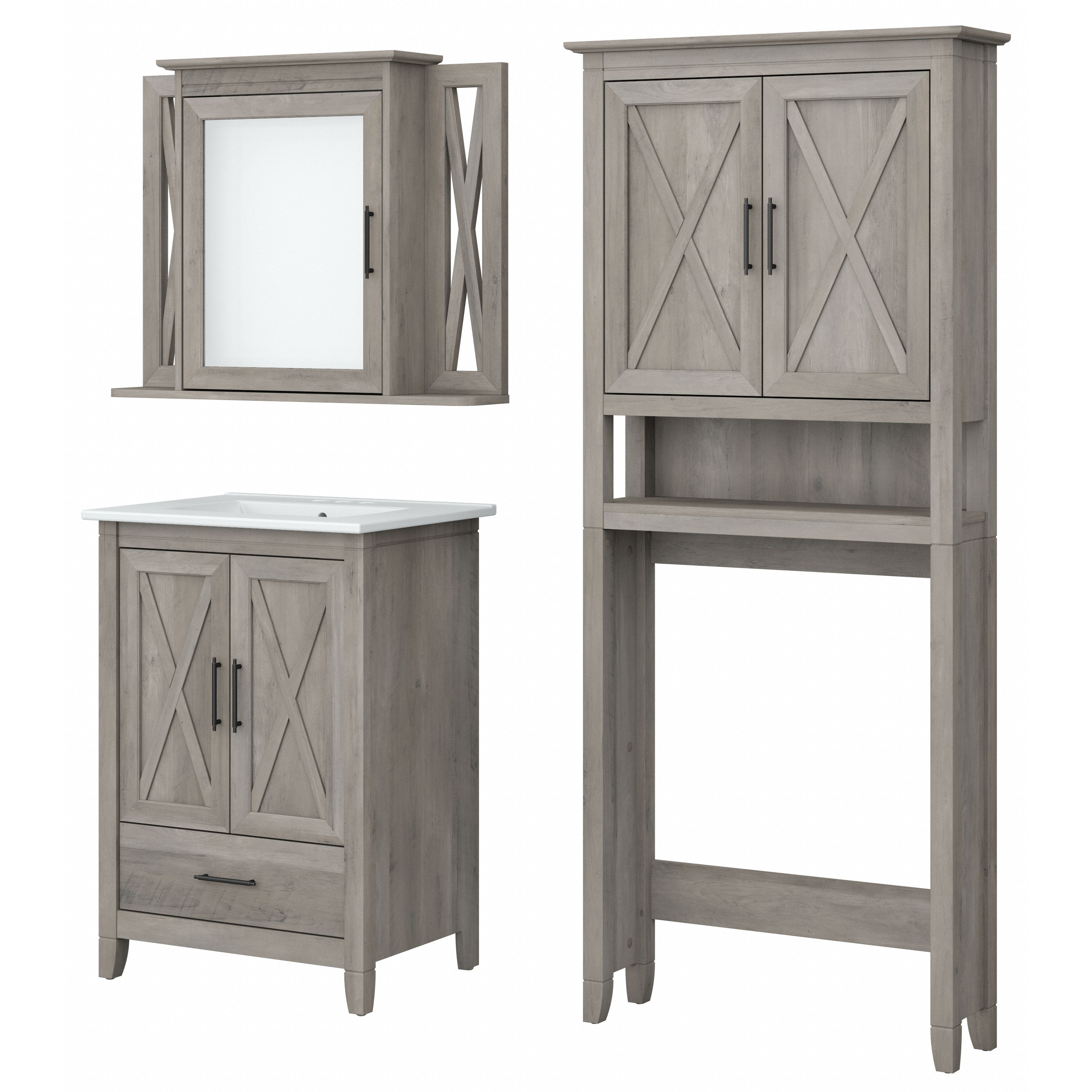 Shop Bush Furniture Key West 24W Bathroom Vanity Sink with Mirror and Over The Toilet Storage Cabinet 02 KWS031DG #color_driftwood gray