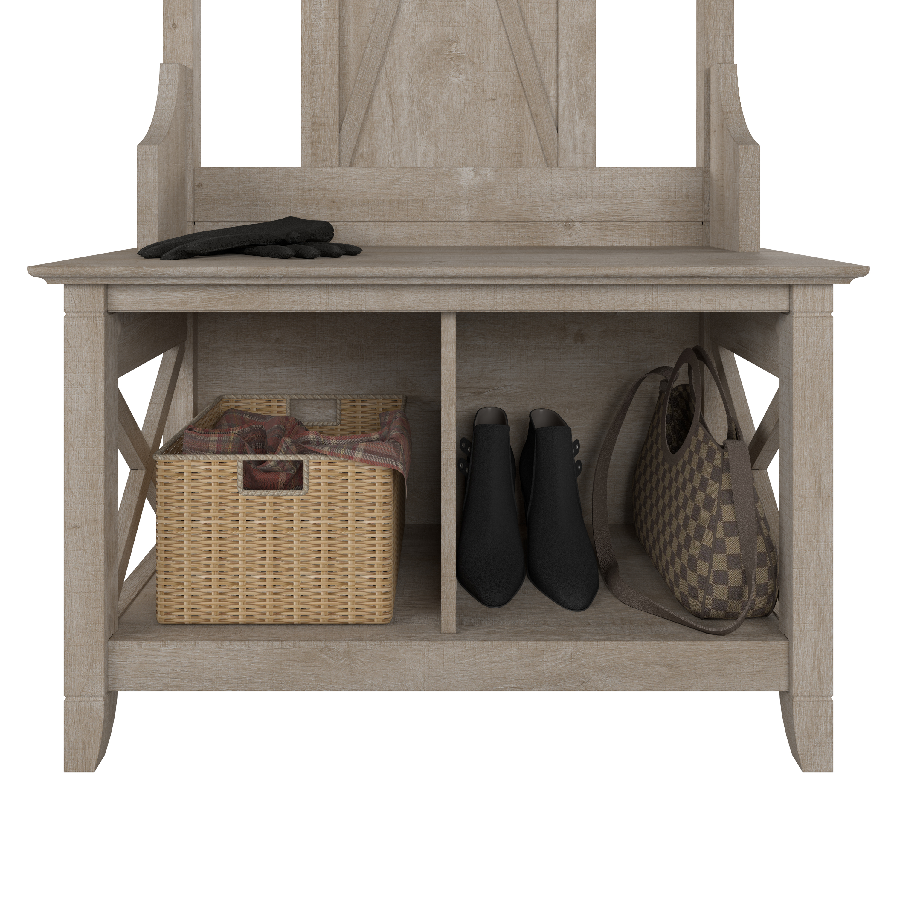 Shop Bush Furniture Key West Entryway Storage Set with Hall Tree, Shoe Bench and Armoire Cabinet 06 KWS055WG #color_washed gray
