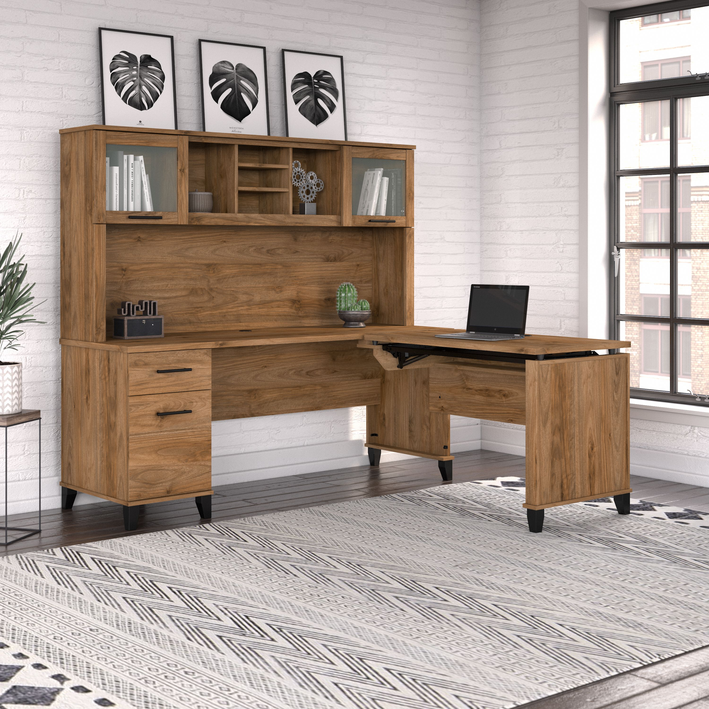 Shop Bush Furniture Somerset 72W 3 Position Sit to Stand L Shaped Desk with Hutch 06 SET015FW #color_fresh walnut