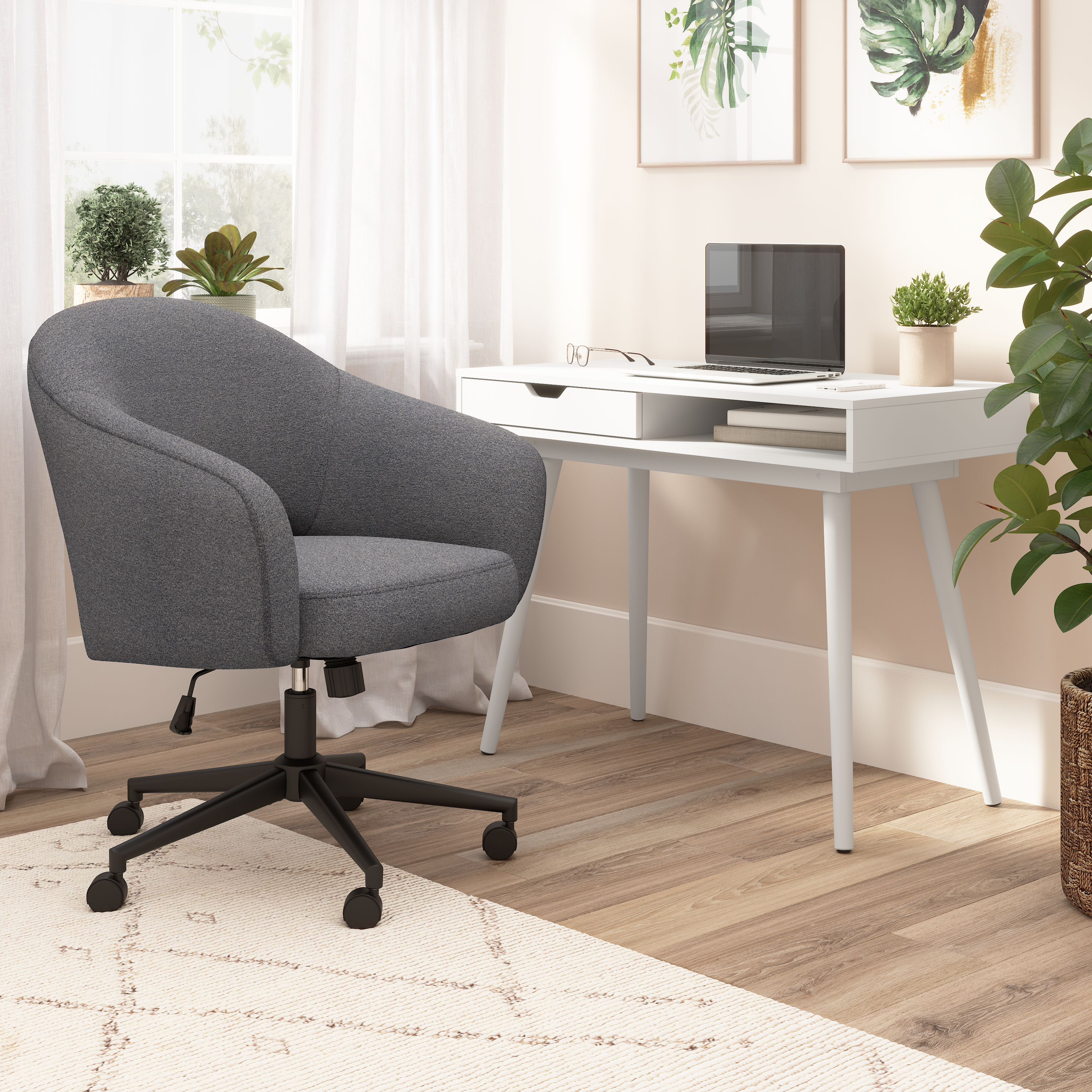 Shop Bush Furniture Nora 40W Small Writing Desk and Chair Set for Home Office 01 NRA002WH #color_pure white/dark charcoal fabric