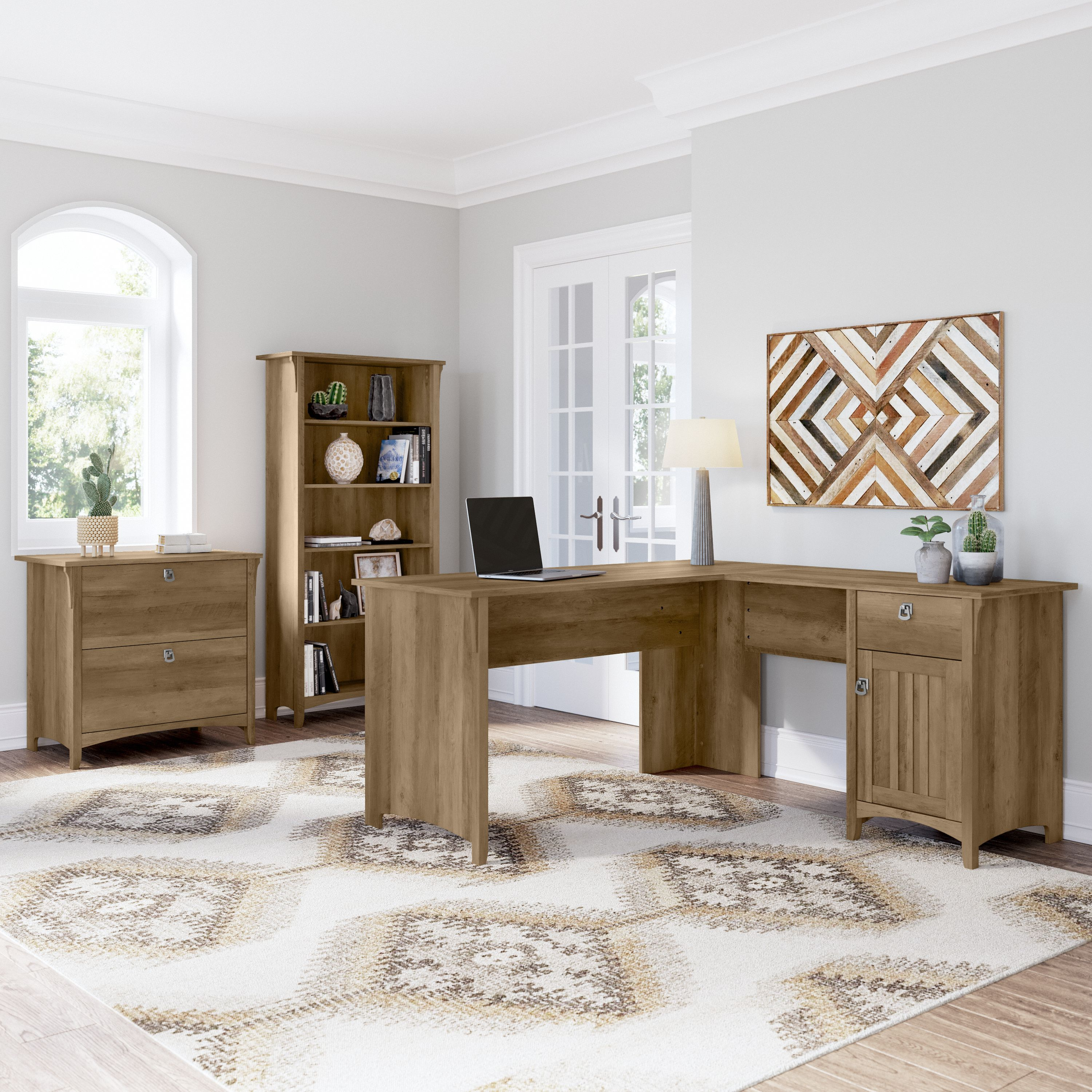 Shop Bush Furniture Salinas 60W L Shaped Desk with Lateral File Cabinet and 5 Shelf Bookcase 01 SAL003RCP #color_reclaimed pine