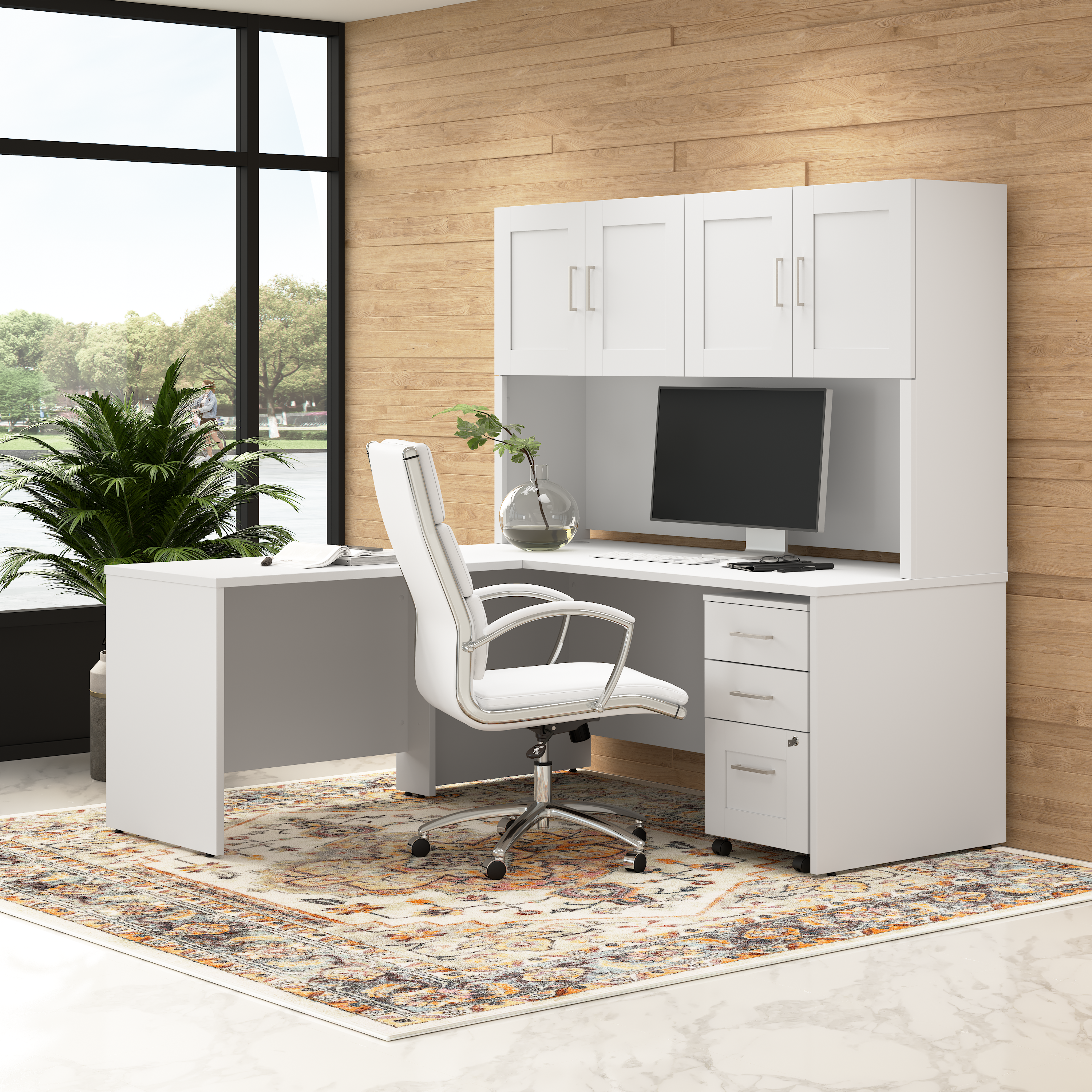 Shop Bush Business Furniture Hampton Heights 72W x 30D L-Shaped Office Desk with Hutch and 3 Drawer Mobile File Cabinet 01 HHD005WH #color_white