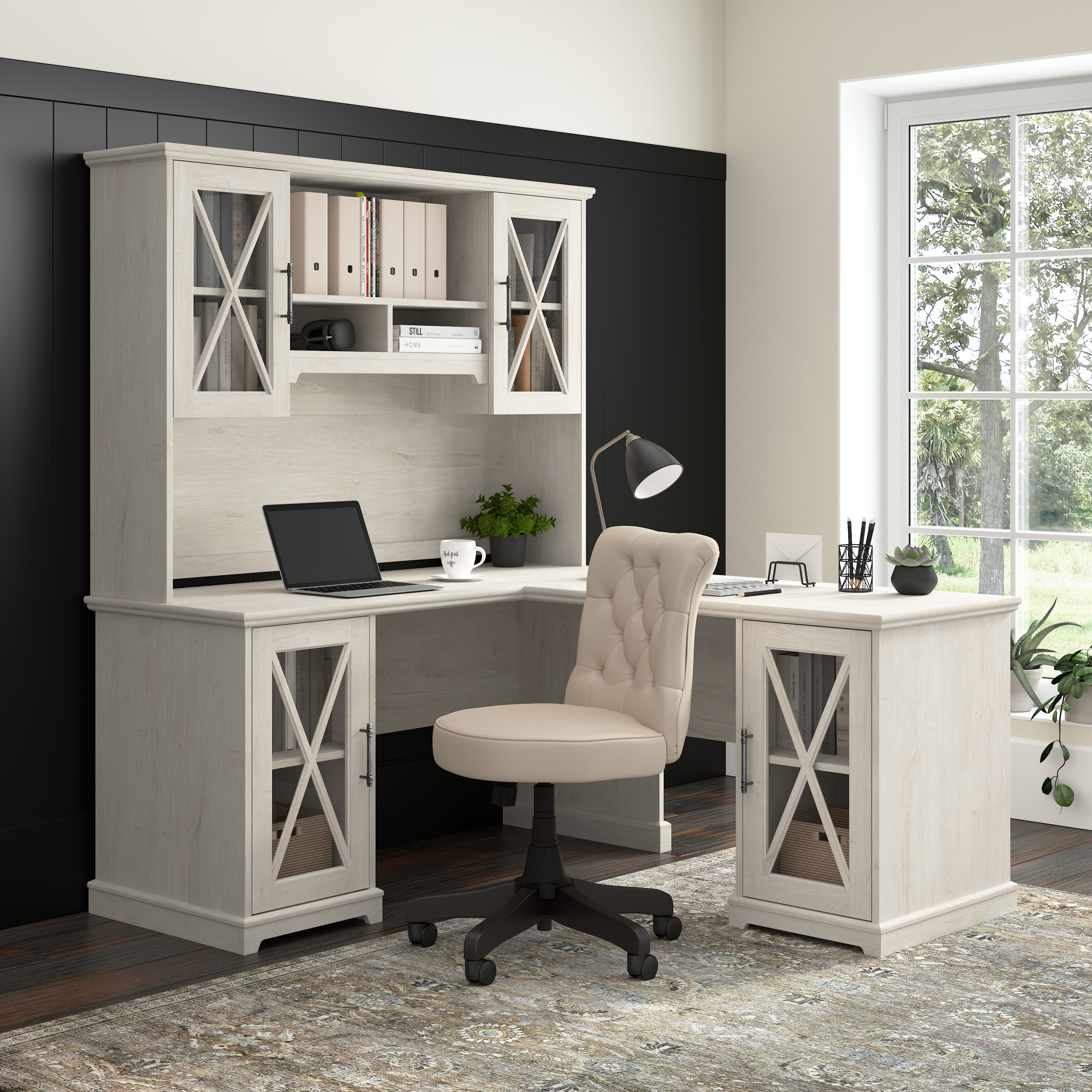 Shop Bush Furniture Lennox 60W Farmhouse L Shaped Desk with Hutch and Storage Cabinets 01 LEN005LW #color_linen white oak