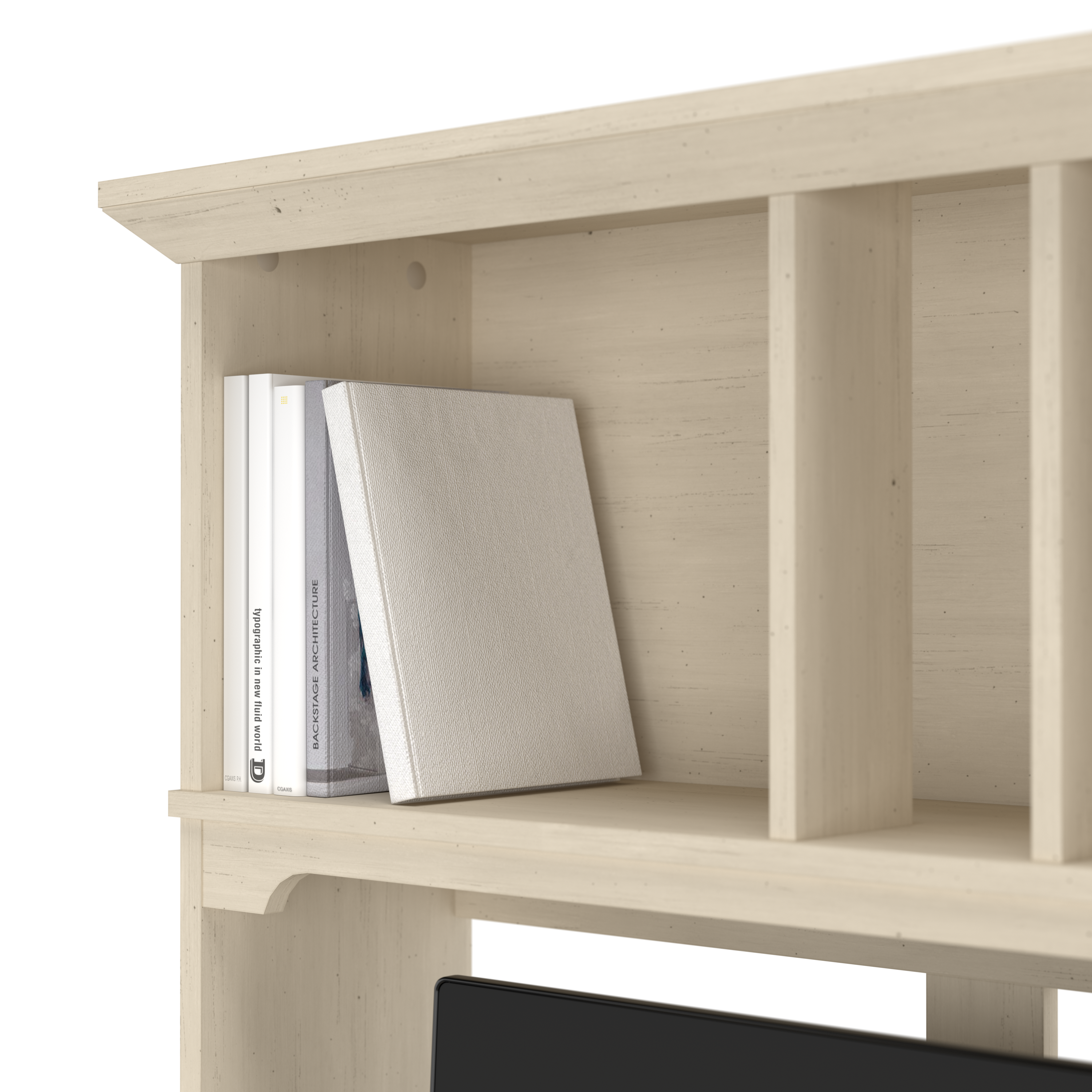 Shop Bush Furniture Salinas 60W L Shaped Desk with Hutch, Lateral File Cabinet and 5 Shelf Bookcase 09 SAL007AW #color_antique white