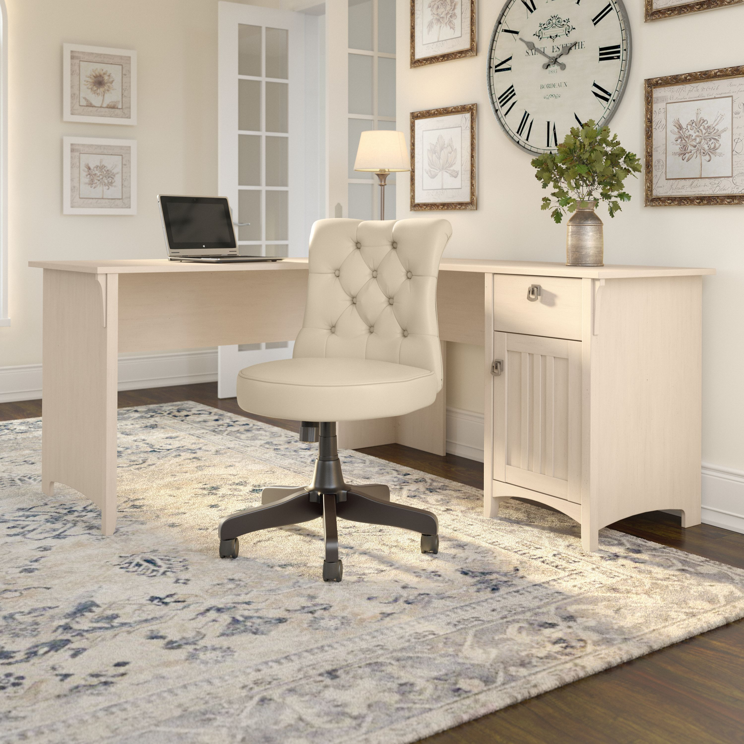 Shop Bush Furniture Salinas 60W L Shaped Desk with Mid Back Tufted Office Chair 01 SAL010AW #color_antique white