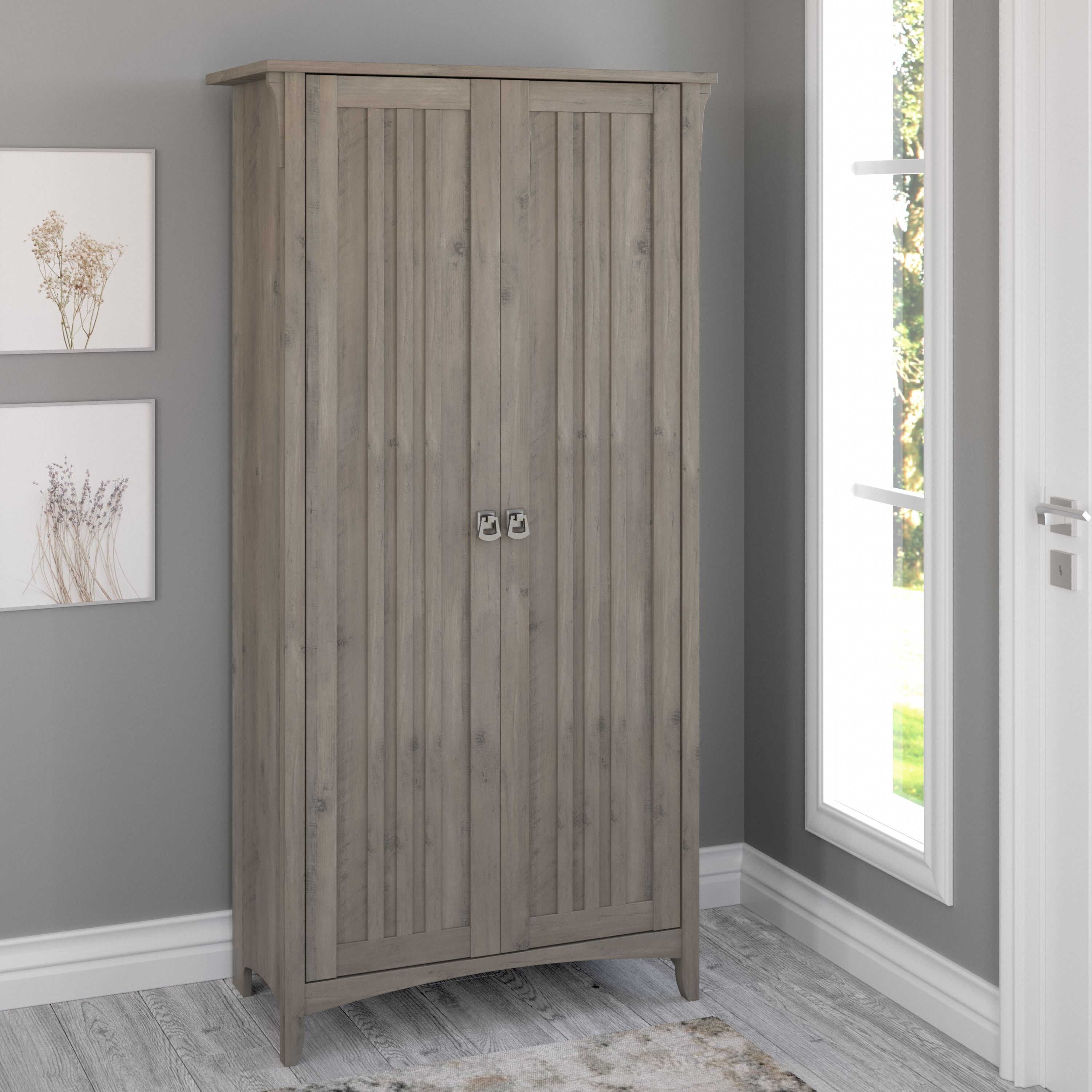 Shop Bush Furniture Salinas Tall Storage Cabinet with Doors 01 SAS332DG-03 #color_driftwood gray