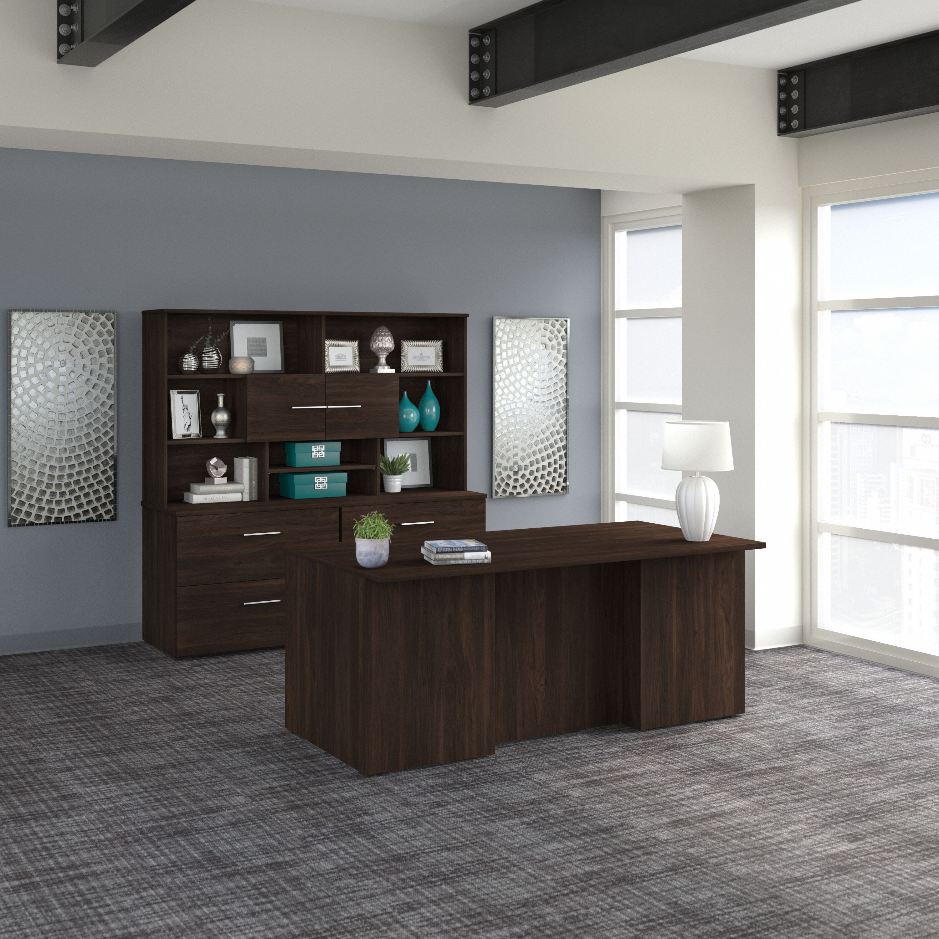 Shop Bush Business Furniture Office 500 72W x 36D Executive Desk with Drawers, Lateral File Cabinets and Hutch 01 OF5001BWSU #color_black walnut