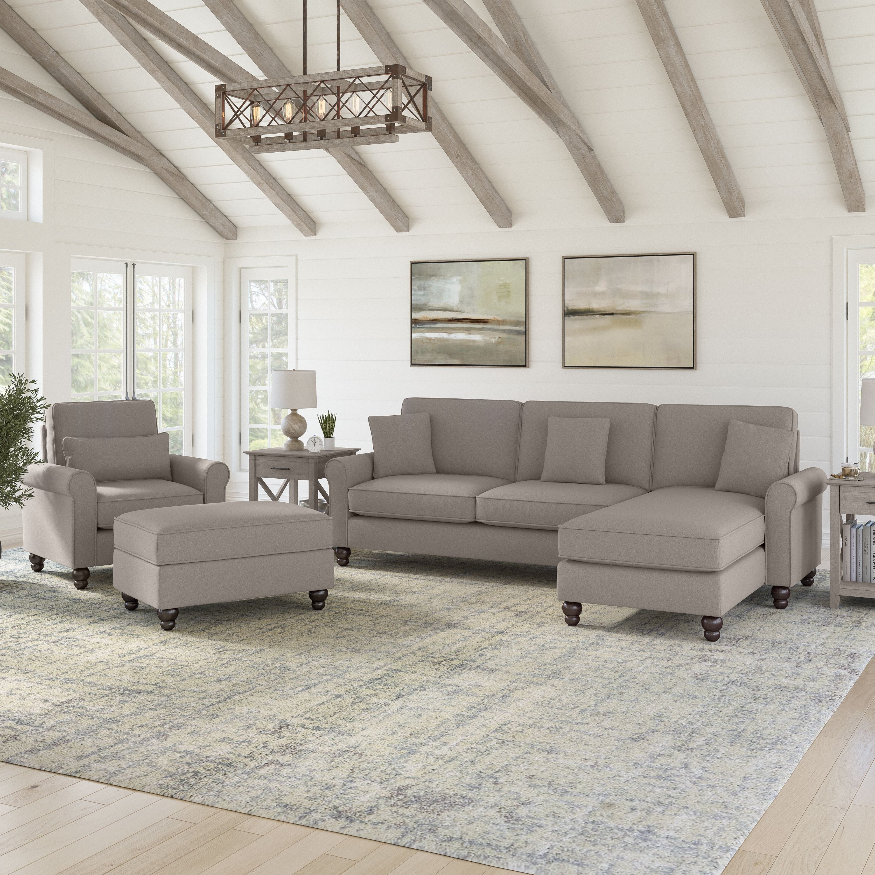 Shop Bush Furniture Hudson 102W Sectional Couch with Reversible Chaise Lounge, Accent Chair, and Ottoman 01 HDN021BGH #color_beige herringbone fabric