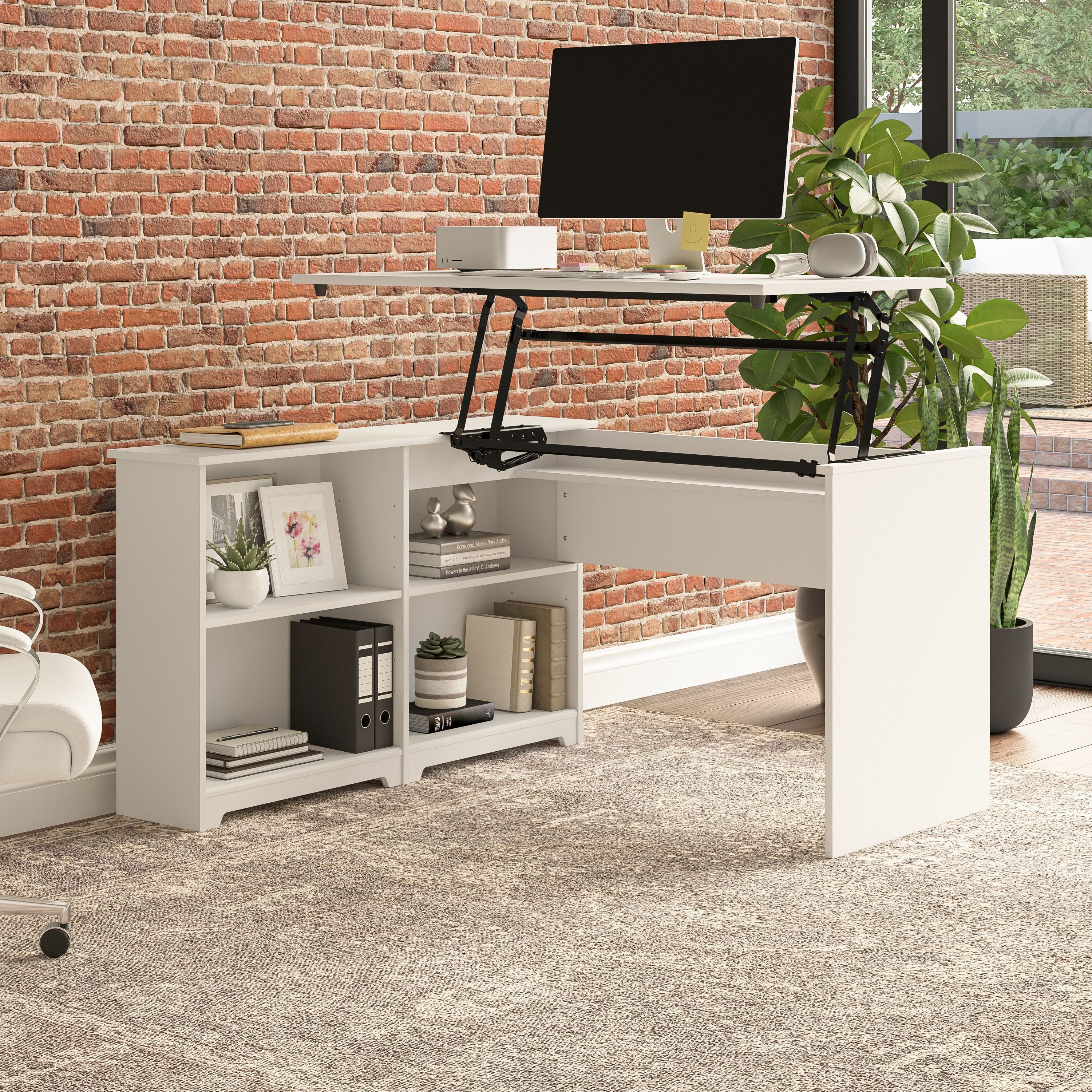 Shop Bush Furniture Cabot 52W 3 Position Sit to Stand Corner Desk with Shelves 01 WC31916 #color_white