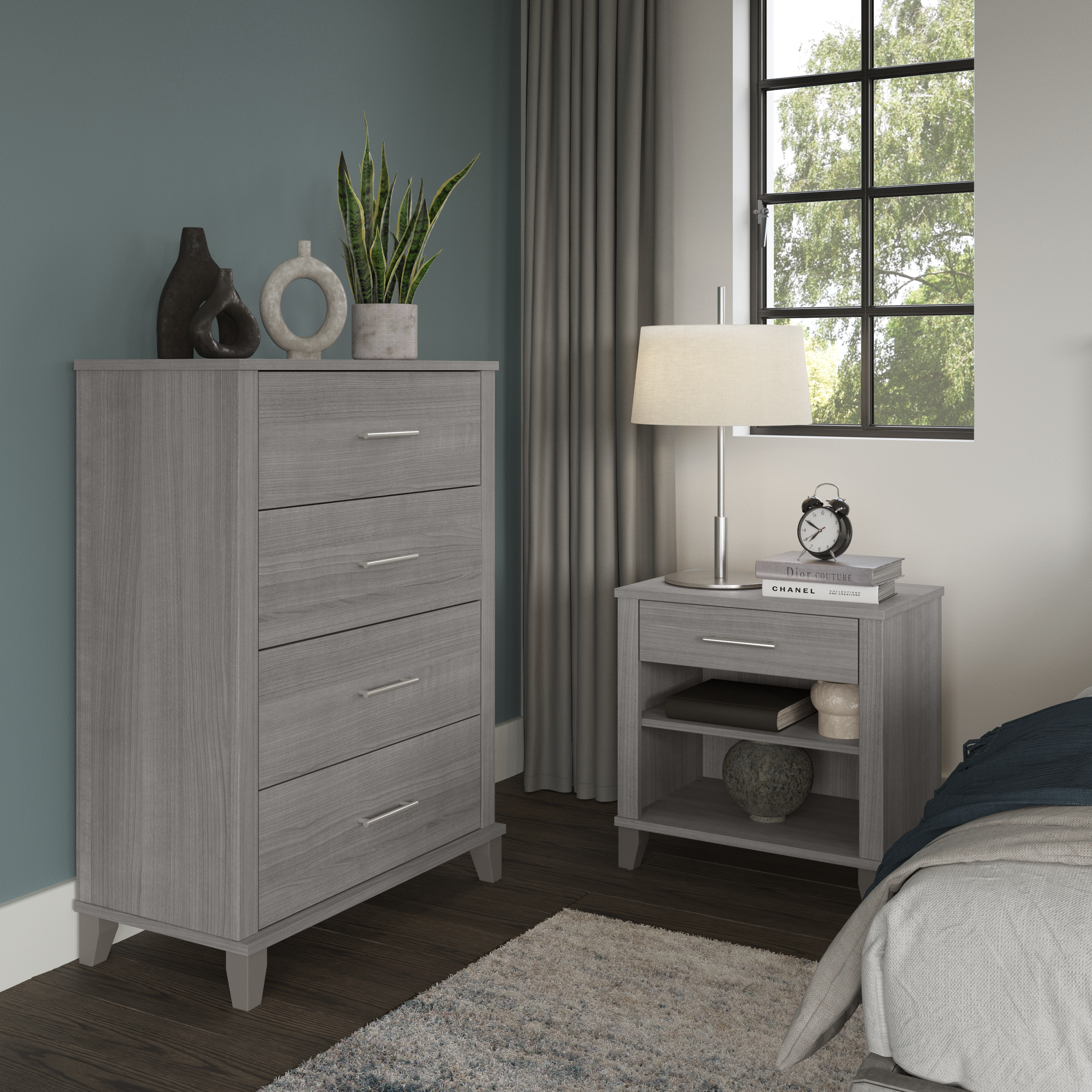 Shop Bush Furniture Somerset Chest of Drawers and Nightstand Set 01 SET034PG #color_platinum gray