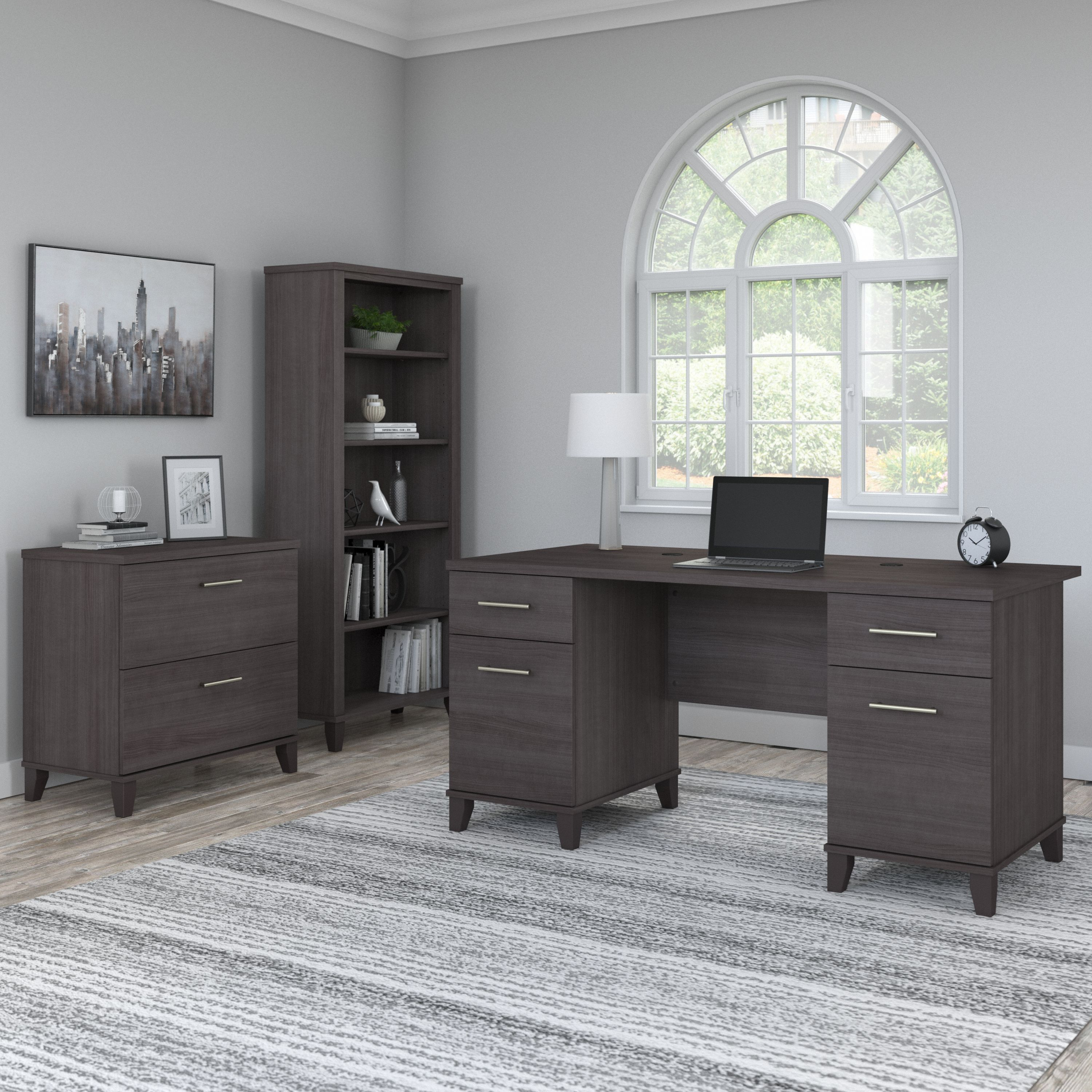 Shop Bush Furniture Somerset 60W Office Desk with Lateral File Cabinet and 5 Shelf Bookcase 01 SET013SG #color_storm gray