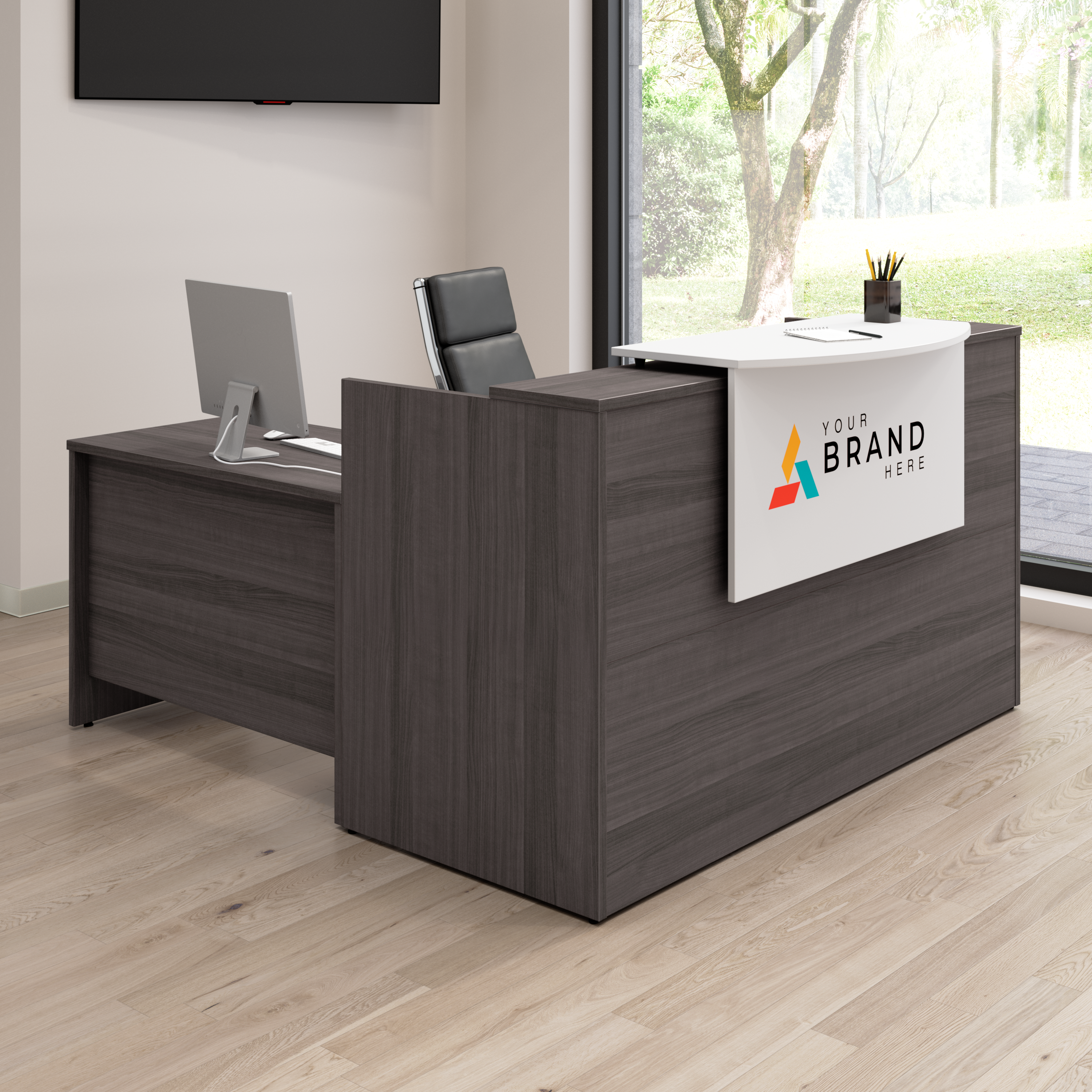 Shop Bush Business Furniture Arrive 72W x 72D L Shaped Reception Desk with Counter 06 ARV009SG #color_storm gray